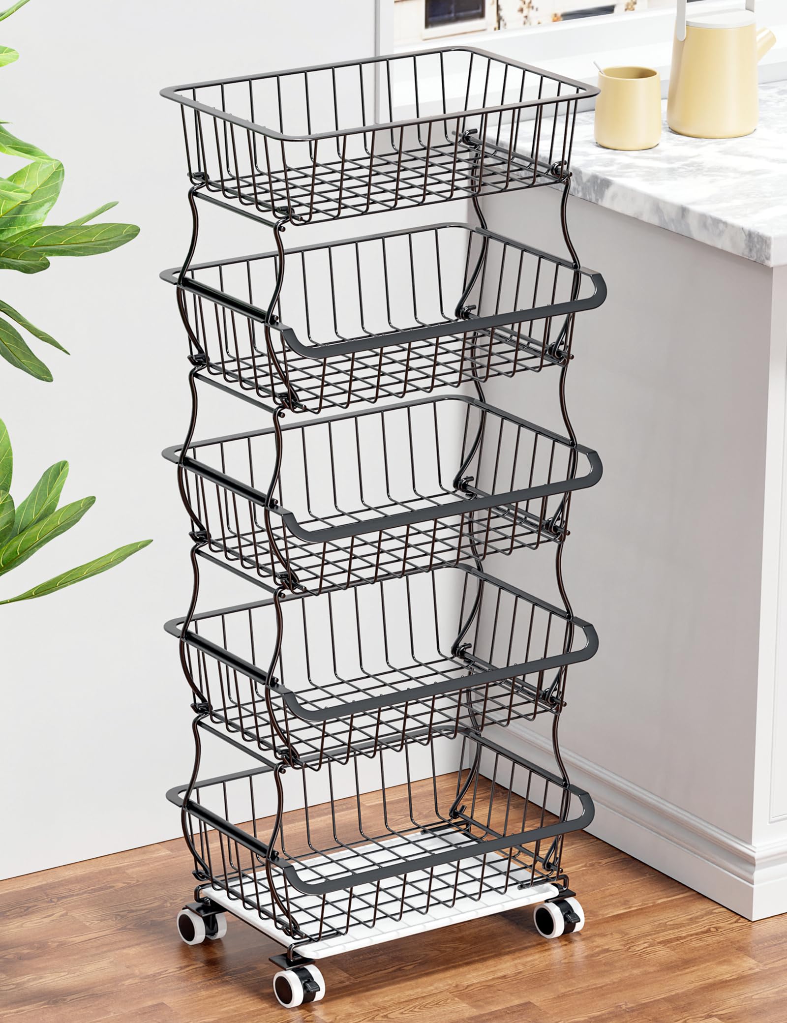 5-Tier Stackable Wire Fruit Basket with Wheels - Kitchen Pantry Organizer for Fruits, Vegetables, Onions & Potatoes - Space-Saving Food Storage Cart for Home, Restaurant or Grocery Store