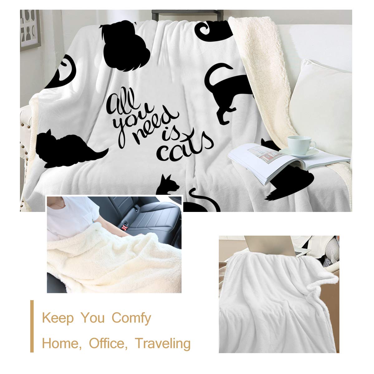 Sleepwish Cat Throw Blanket for Girls - Cute Cats Lettering Printed Soft Warm Sherpa Fleece Blanket (60x80 Inches) - Black Cat Silhouette on White Plush for Bed, Couch & Sofa - Perfect Twin Size Cozy Blanket for Winter Nights & Gift Giving