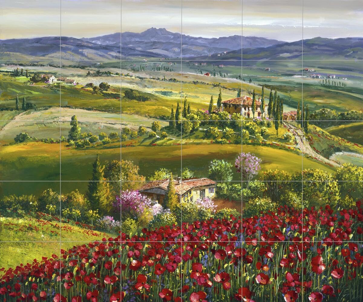 Hand-Painted Ceramic Backsplash Tile Mural - Tuscan Poppy Garden Landscape Design for Kitchen, Bathroom & Shower - Waterproof & Heat-Resistant - Perfect for Farmhouse, Mediterranean & Vintage Home Decor - Sam Park/Soho Editions