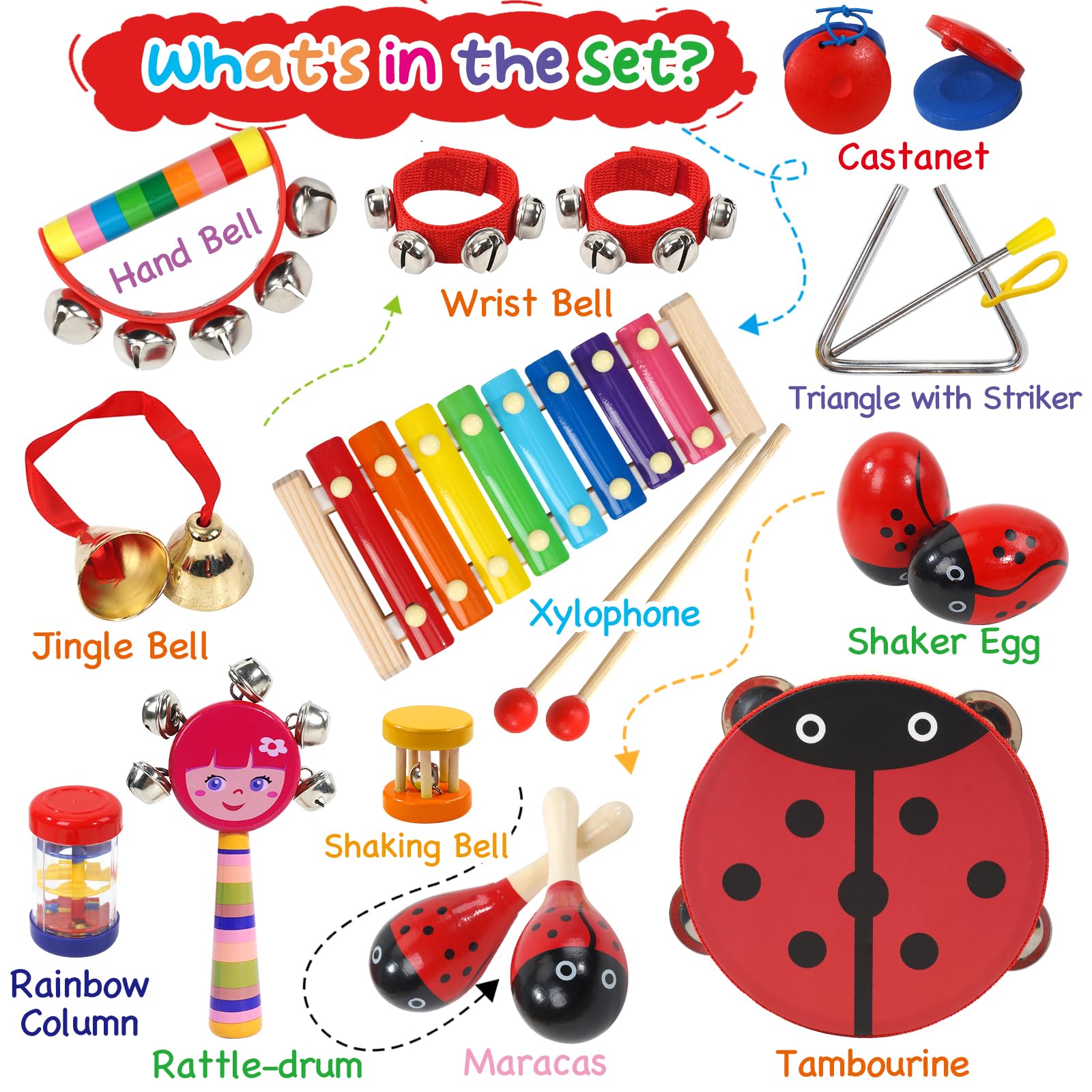 Raimy Kids Wooden Percussion Musical Instruments Set - Educational Toddler Music Toys for Boys & Girls with Carrying Bag (Red) | Preschool Learning, Birthday Gift & Early Childhood Development