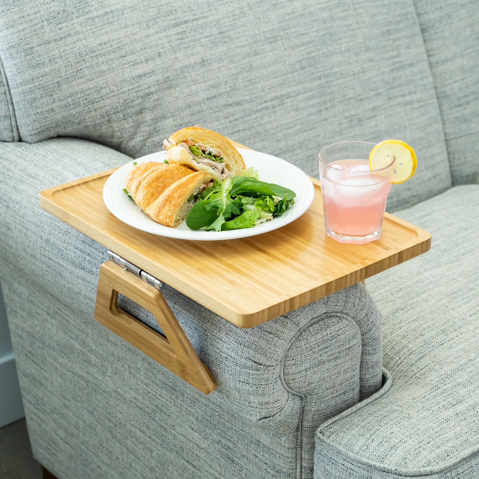 Shamrock Home Bamboo Clip-On Couch Arm Tray Table - 15.75 x 11 Inch Beige Sofa Side Table for TV Dinners, Drinks, Snacks & Remote Control - Perfect for Small Spaces, Living Room & Bedroom Use