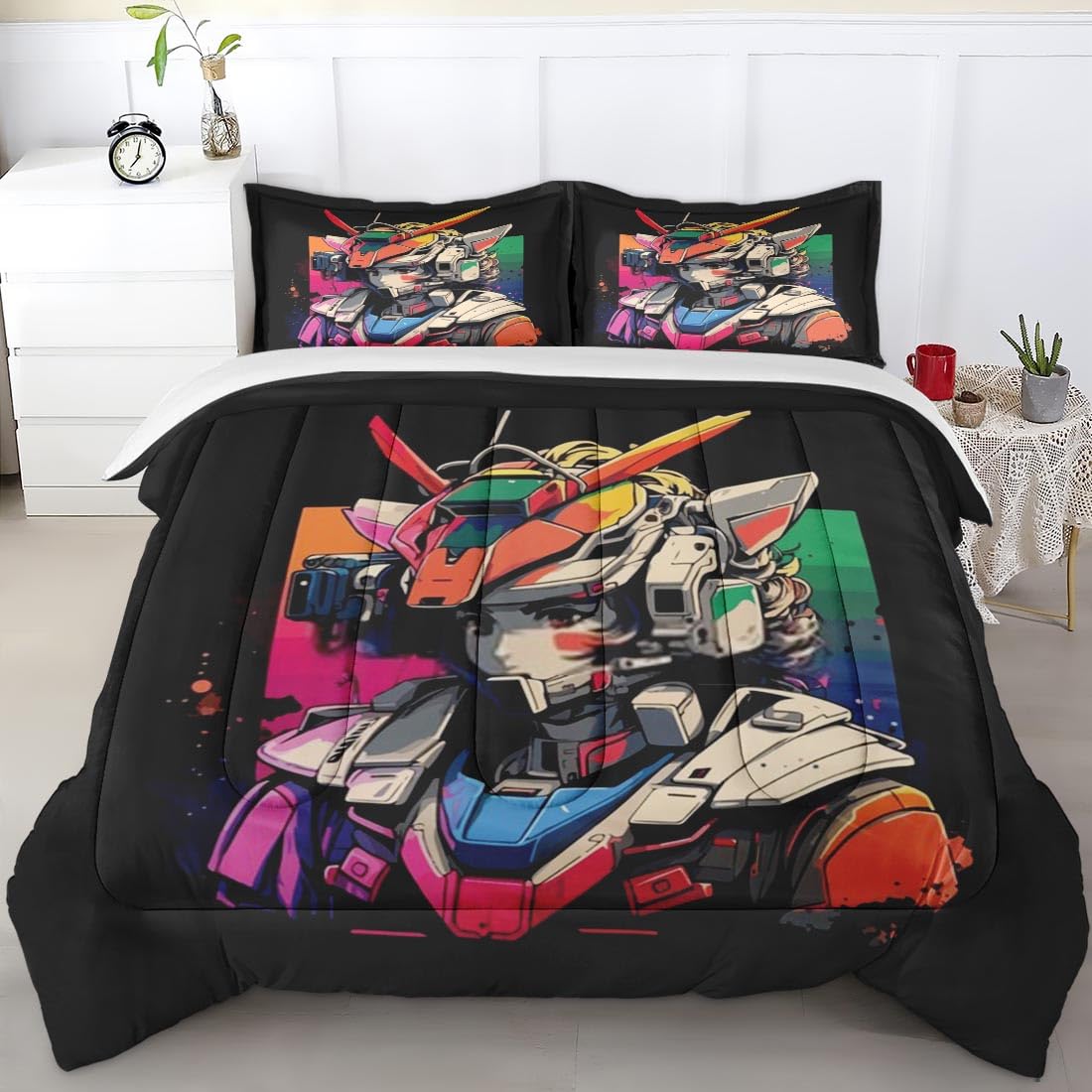 Vibrant 80s Anime Queen Comforter Set - Neon Motorcycle Gaming Bedding for Kids & Adults | Retro Bedroom Decor with 2 Pillowcases | Perfect for Teen Rooms, Dorm Decor & Anime Lover Gifts
