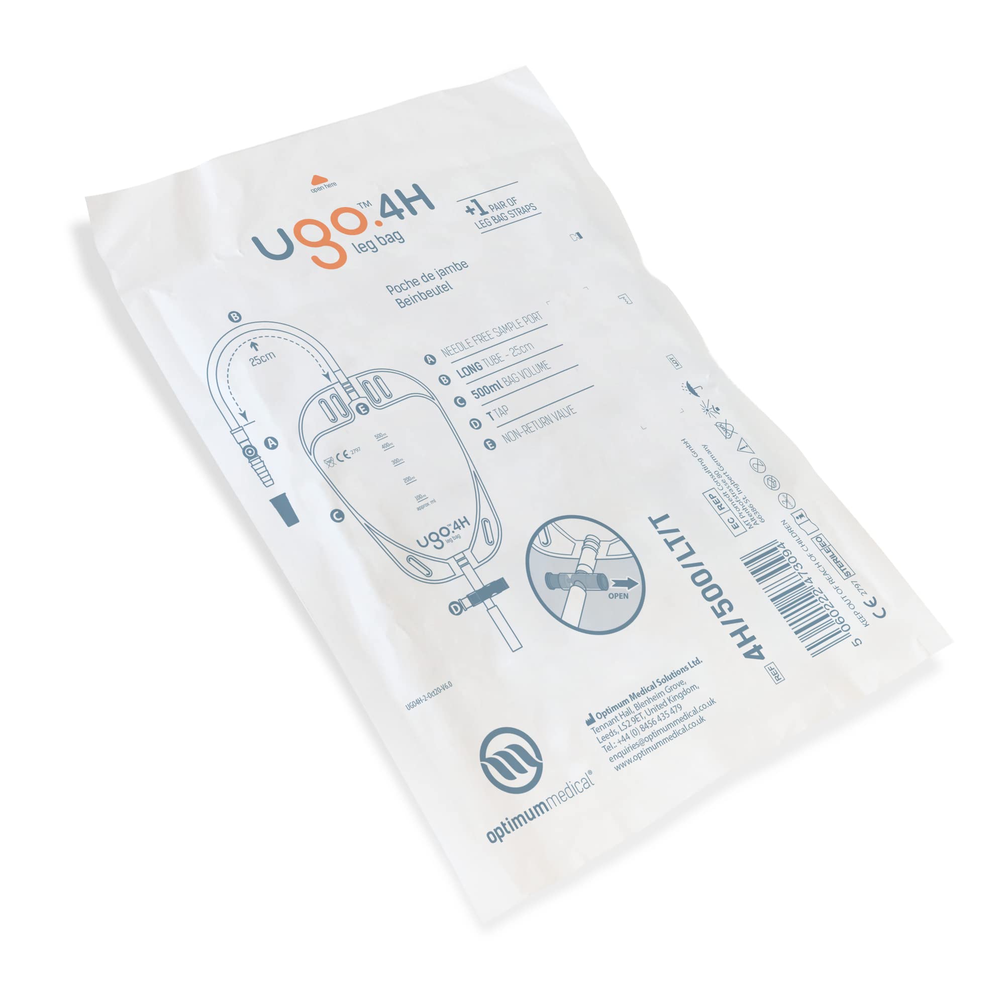 Ugo Leg Bags (Pack of 10) - 500ml Urine Drainage Bags with T Tap & Soft Fabric Backing, Comfortable Leg-Shaped Design for Catheter Users - Ideal for Daily Use, Travel & Post-Surgery Care