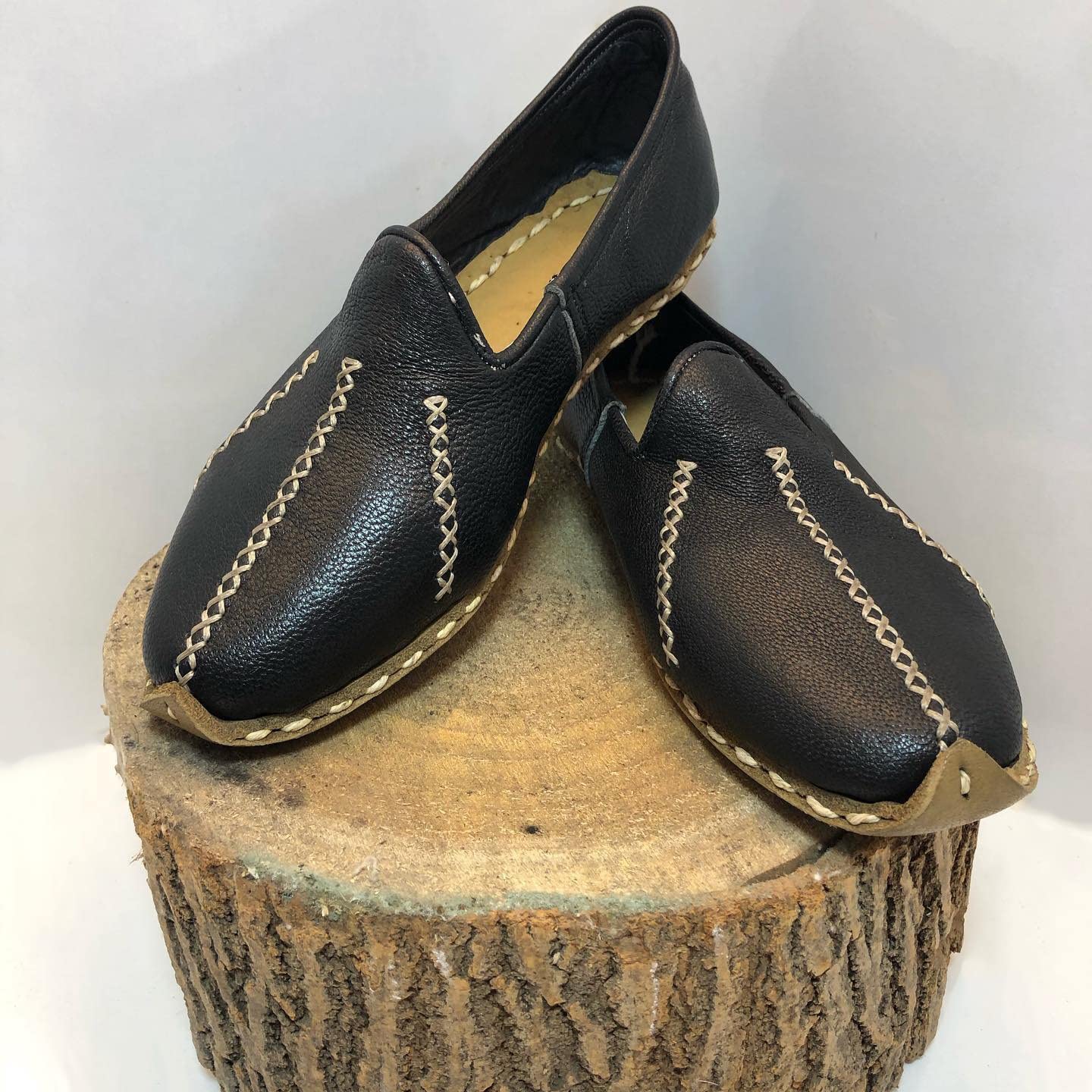 Authentic 100% Handmade Genuine Leather Women's Turkish Saracli Slippers - Lightweight & Breathable - Size 4.5 - Navy Blue - Perfect for Home, Spa & Indoor Comfort