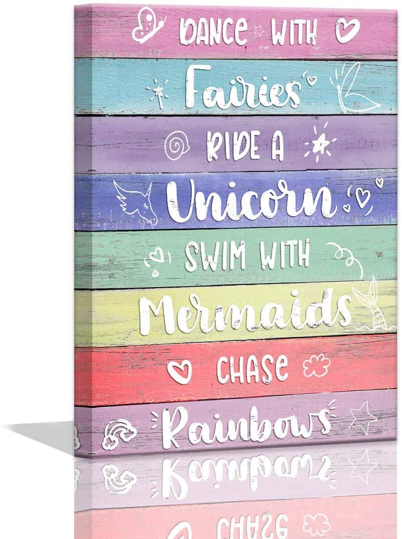 Unicorn Wall Art for Girls Bedroom - 14x18 Inch Framed Canvas Mermaid & Rainbow Decor - Perfect for Teen Room Decor, Kids Bedroom, Nursery & Playroom Wall Decorations