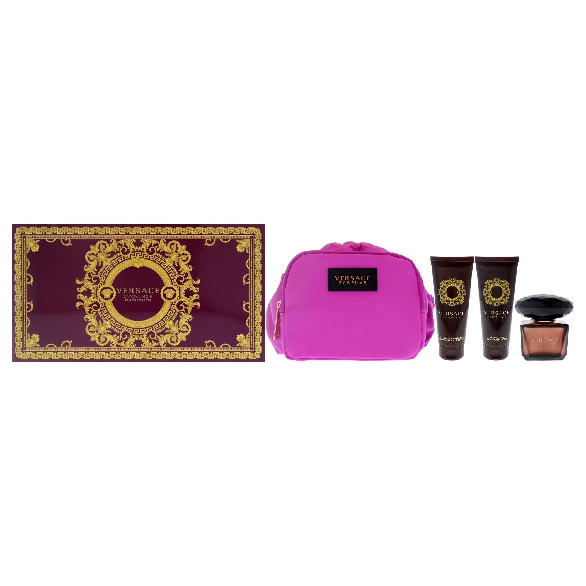 Versace Crystal Noir Eau de Toilette Gift Set for Women - 3.3 oz Perfume Spray + 3.4 oz Body Lotion + 3.4 oz Shower Gel + Travel Bag - Luxury Fragrance Gift Set for Her, Birthday, Anniversary & Special Occasions
