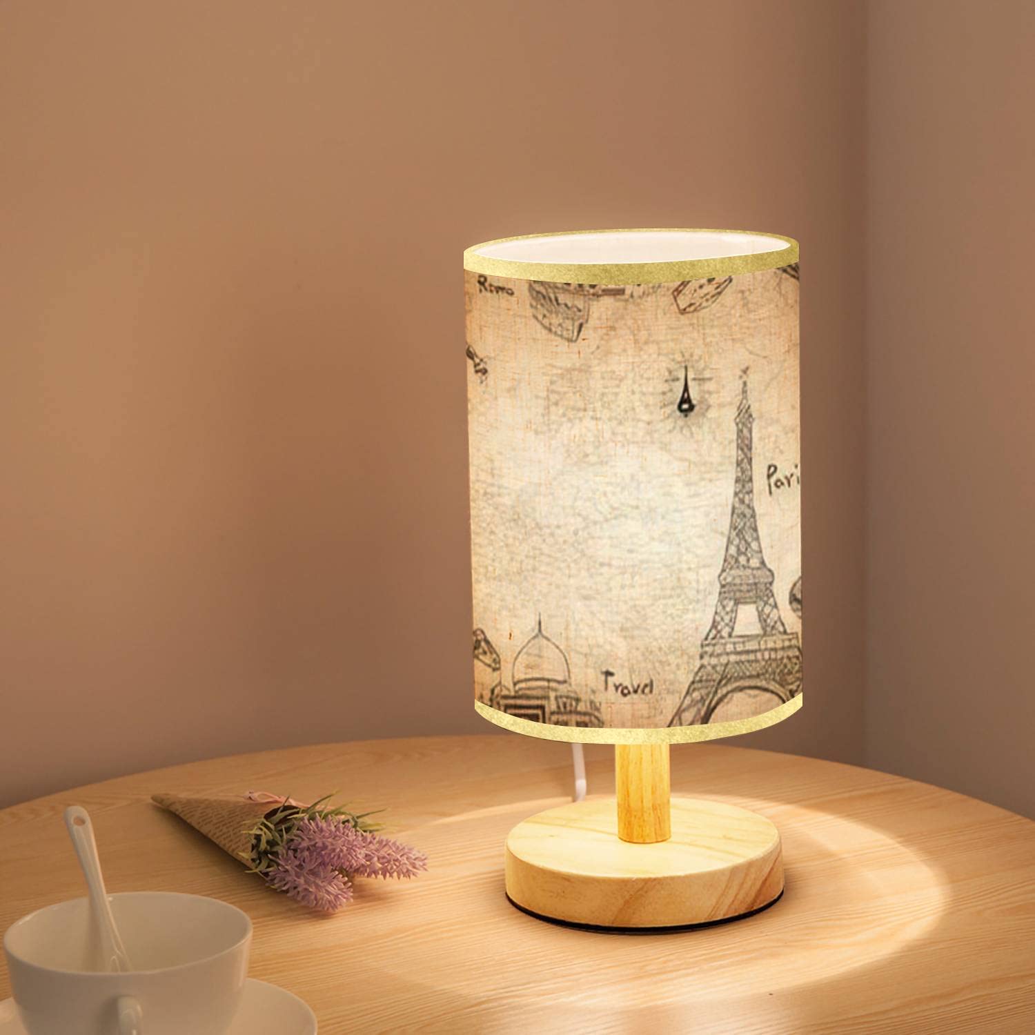 Minimalist Wooden Bedside Table Lamp with World Map Outline & City Names - Nightstand Lamp with Flaxen Fabric Shade for Bedroom, Living Room, Office - Perfect for Reading, Decor & Ambient Lighting