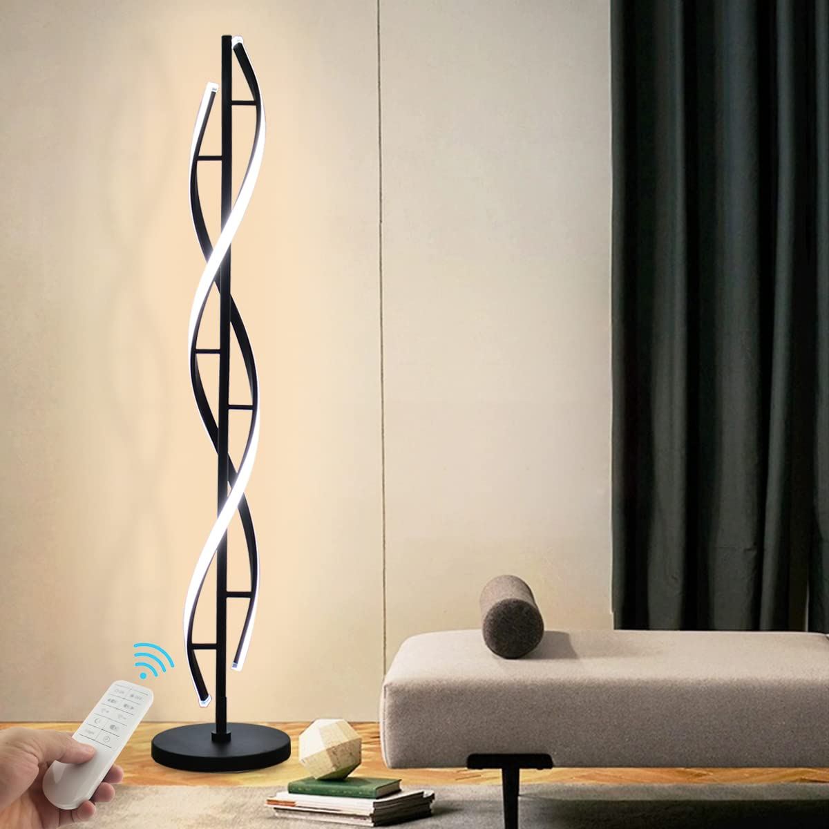 LENIVER LED Spiral Floor Lamp - 3 Color Dimmable Modern Standing Light with Remote Control, Creative Pole Lamp for Living Room Bedroom Office Decor - Black - Perfect for Reading, Relaxing & Home Ambiance Lighting