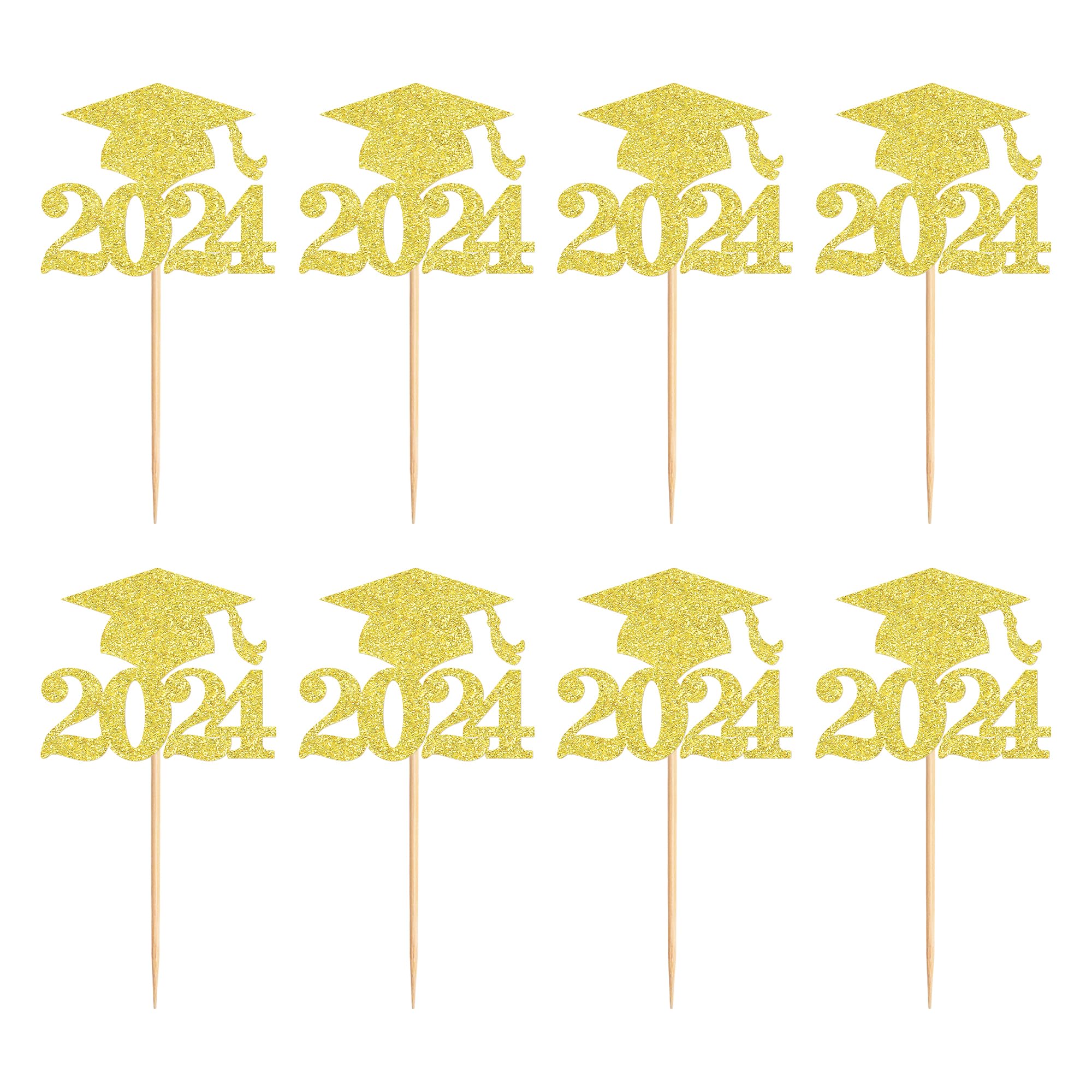 36 Pack Gold Glitter Graduation Cupcake Toppers - Class of 2024 Grad Cap Cake Decorations for Graduation Party Supplies | Perfect for Graduation Cakes, Cupcakes, Desserts and Celebration Decor