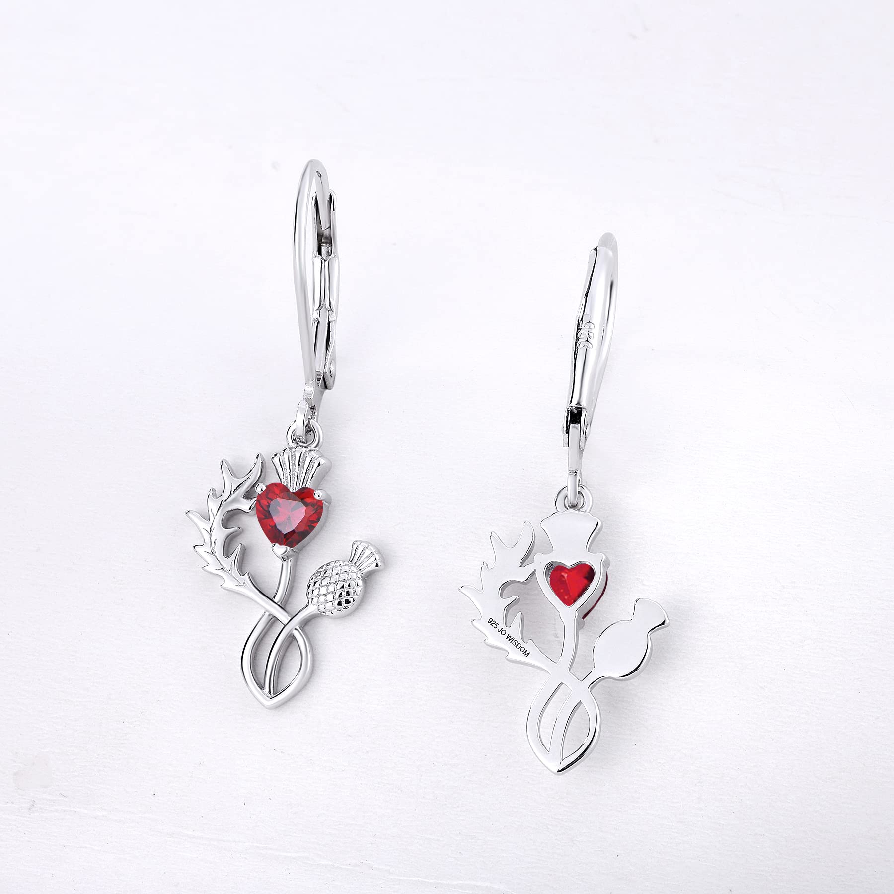 JO WISDOM Scottish Thistle Earrings - 925 Sterling Silver Scotland Flower Heart Outlander Drop Dangle Earrings with 3A CZ Birthstone - Women's Celtic Jewelry for Wedding, Party & Everyday Wear