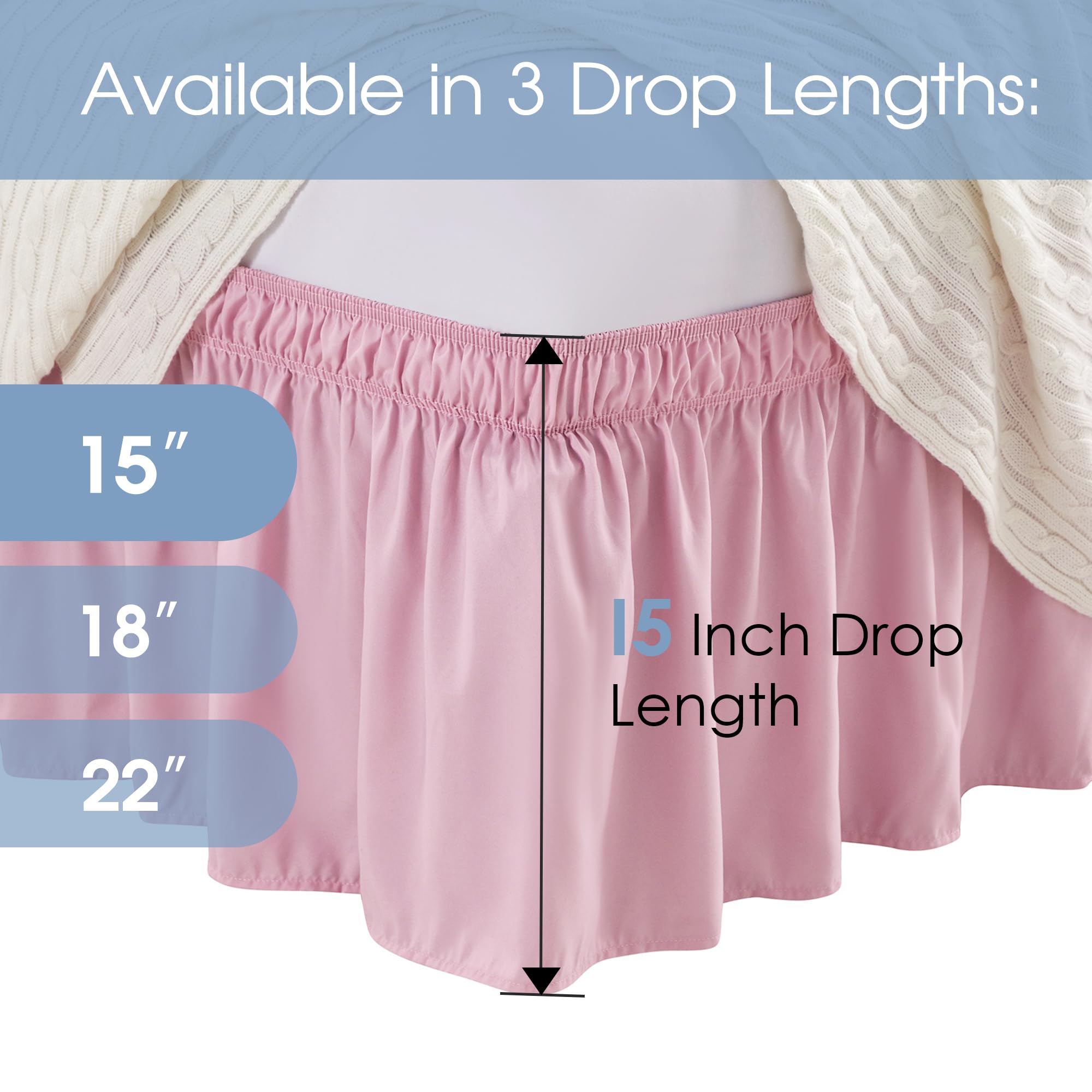 FreshCulture Full Bed Skirt - Elastic Wrap Around Dust Ruffle with 15-Inch Tailored Drop | Hotel Quality Bed Skirt for Full Size Beds | Perfect for Master Bedrooms, Guest Rooms & Airbnb Styling (Dusty Pink)