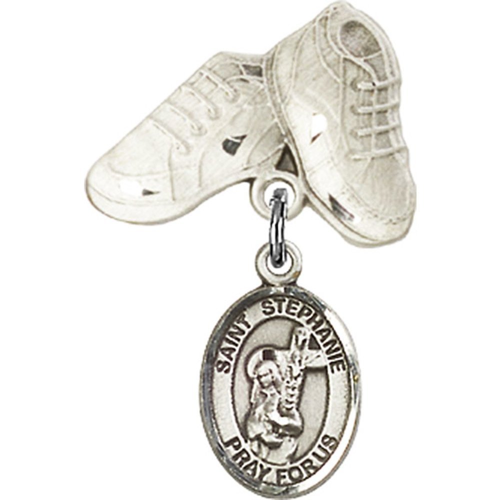 Sterling Silver Baby Badge with St. Stephanie Charm & Baby Boots Pin - 1 X 5/8 Inch - Perfect for Christening Gifts, Baby Showers & Newborn Keepsakes