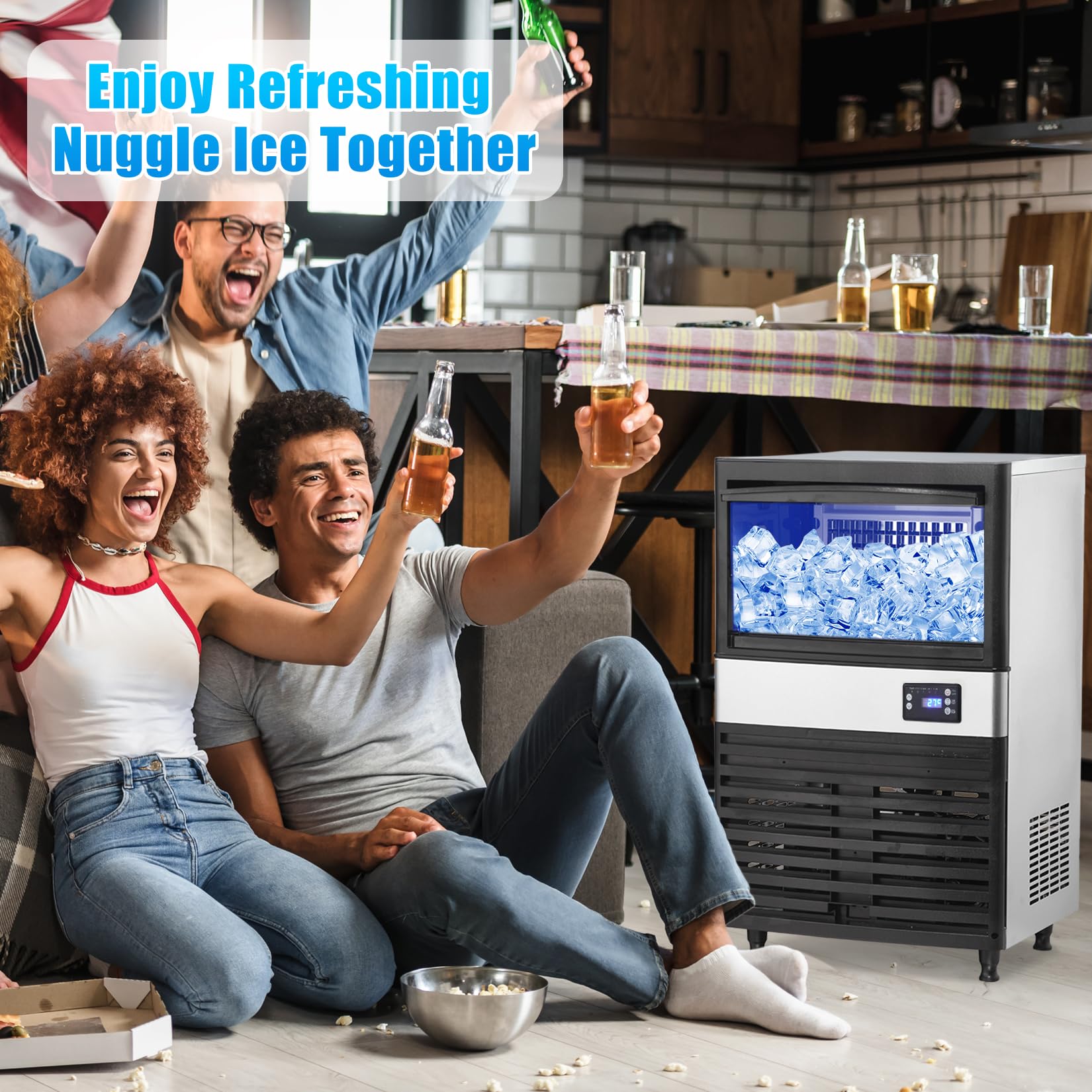 Commercial Ice Maker Machine 130Lbs/24H with 27Lbs Storage Bin - 0.9 Inch Thick Ice Cube Maker with Auto Cleaning - Perfect for Home Bars, Hotels, Restaurants & Outdoor Parties