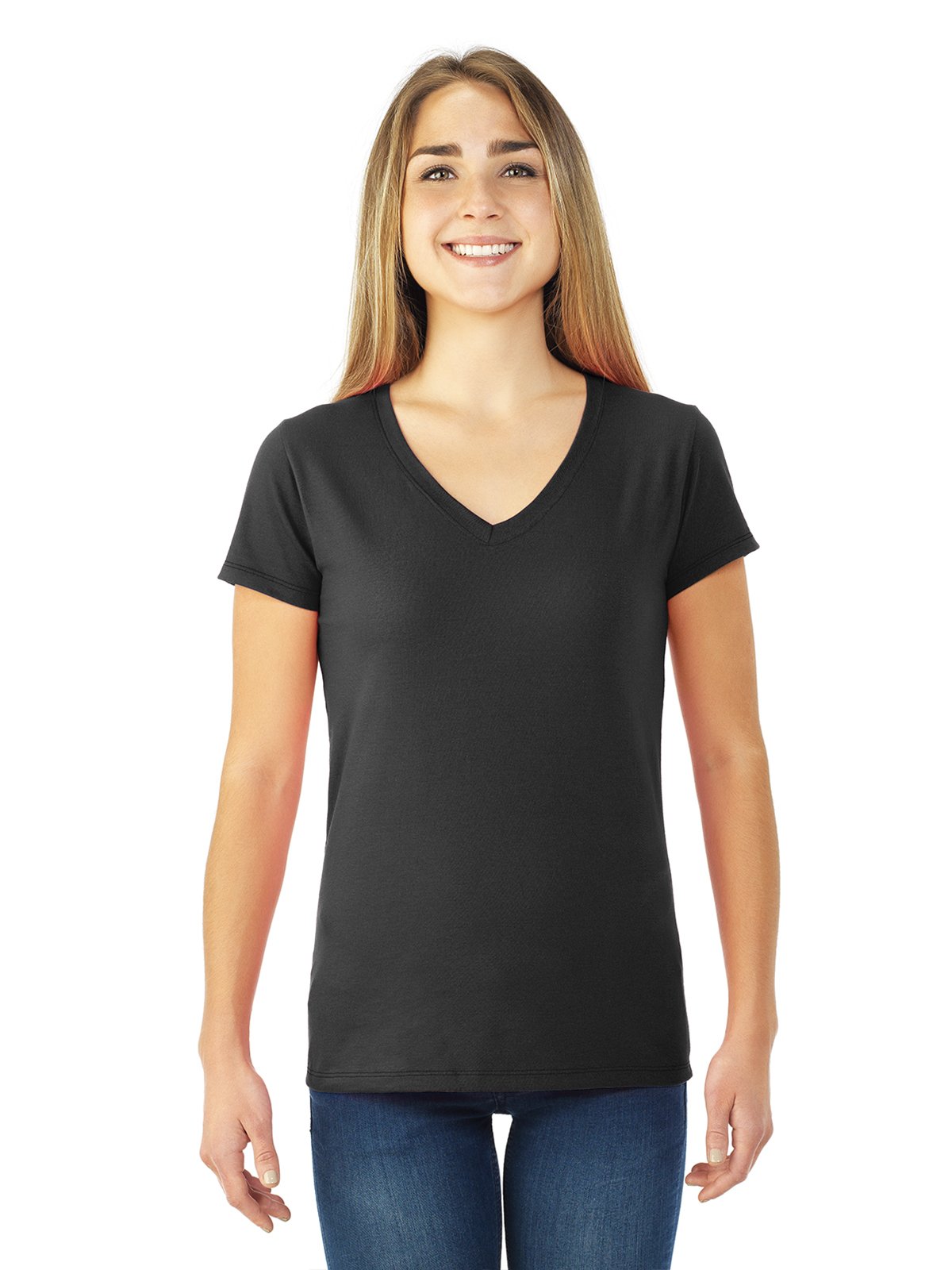 Fruit of the Loom Women's Soft Jersey V-Neck T-Shirt - Comfortable Junior Fit Tee - Black - Size M - Perfect for Casual Wear, Layering & Everyday Outfits