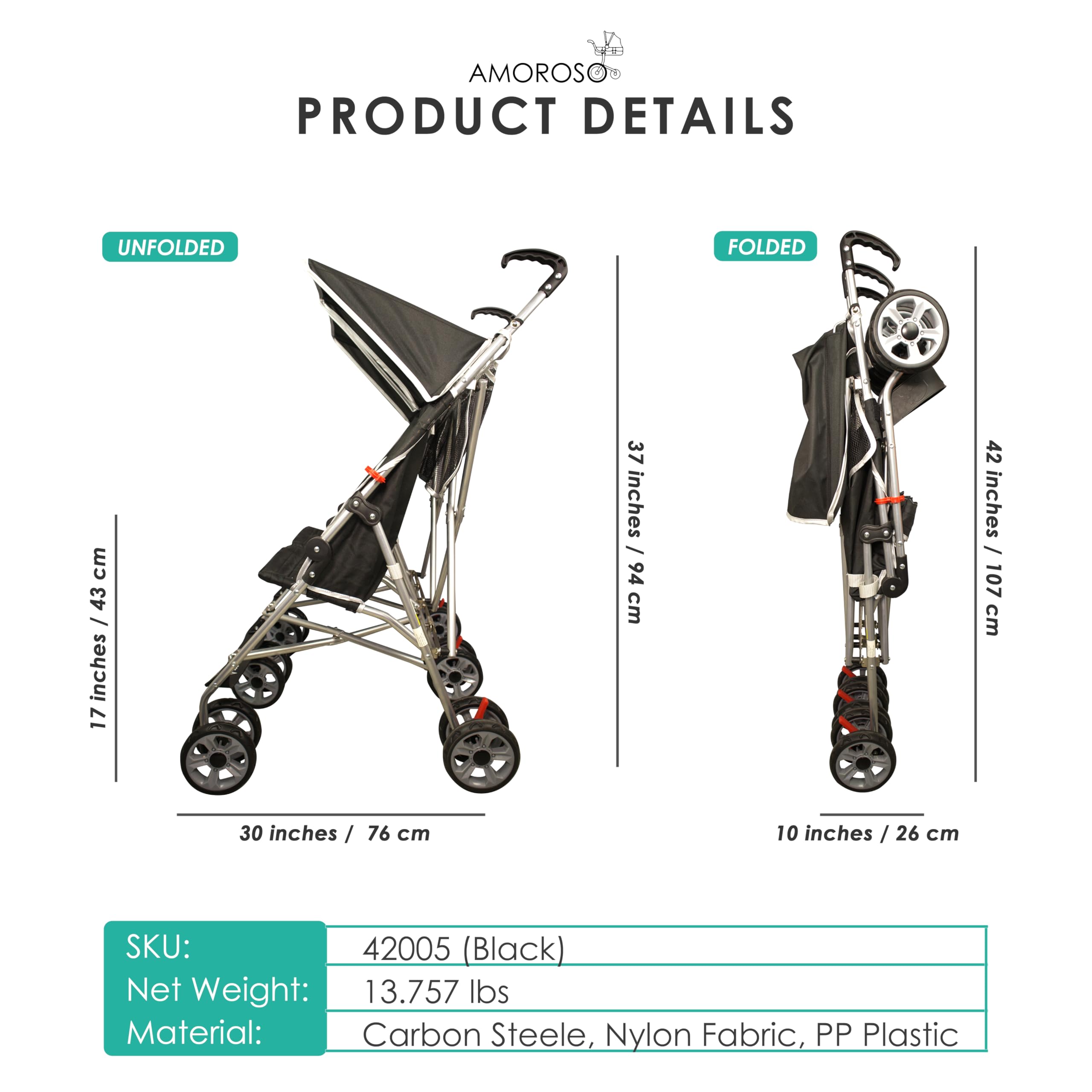 AmorosO Twin Lightweight Umbrella Stroller for Toddlers - Easy to Clean 4-Wheel Baby Stroller with Extra Storage & Sun/Rain Protection - Compact Travel Stroller for Twins - Perfect for Shopping, Travel & Outdoor Walks - Black
