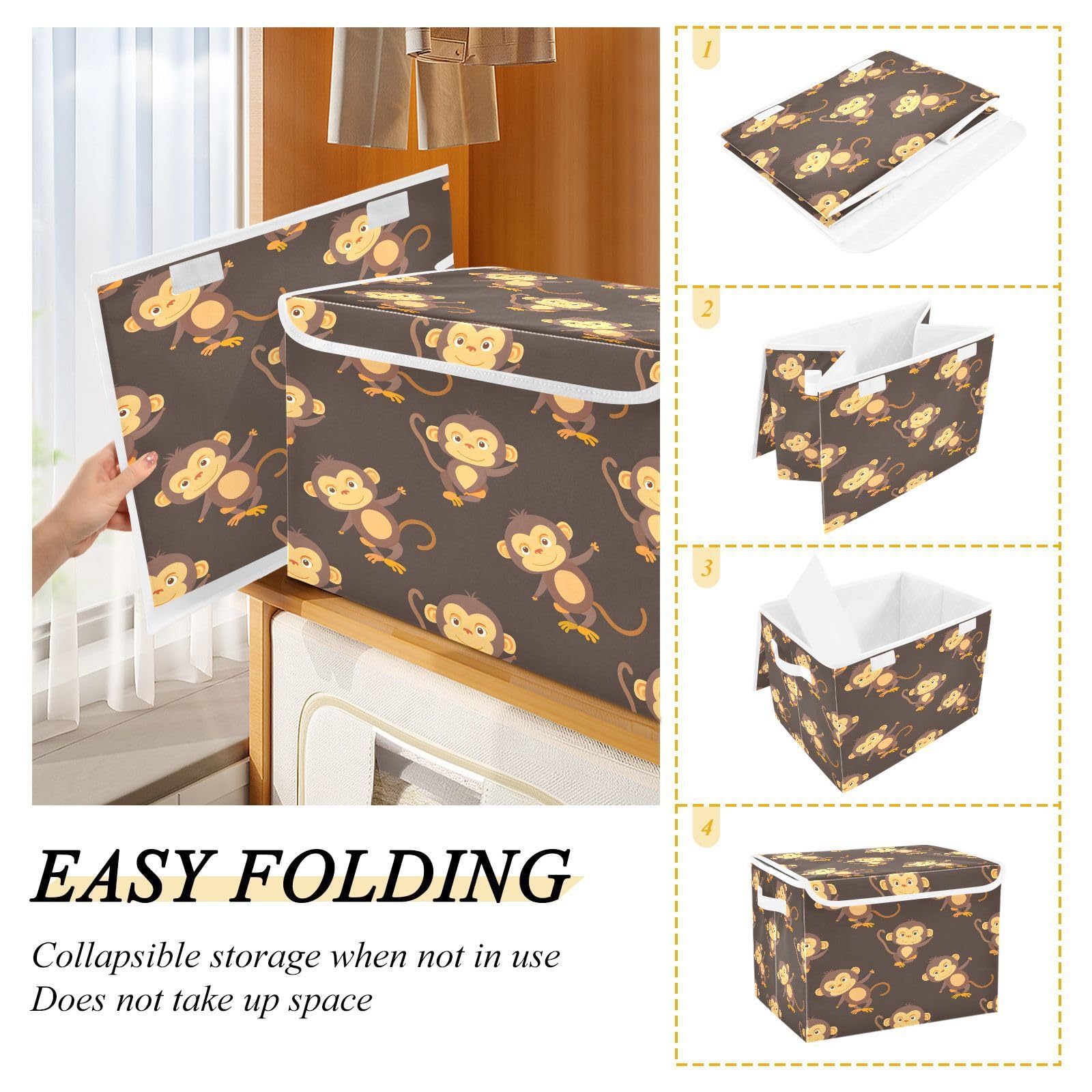 Monkey Print Fabric Foldable Storage Bins with Lids - Collapsible Closet Organizer Baskets for Bedroom, Office & Home Organization | Perfect for Toys, Clothes & Seasonal Storage