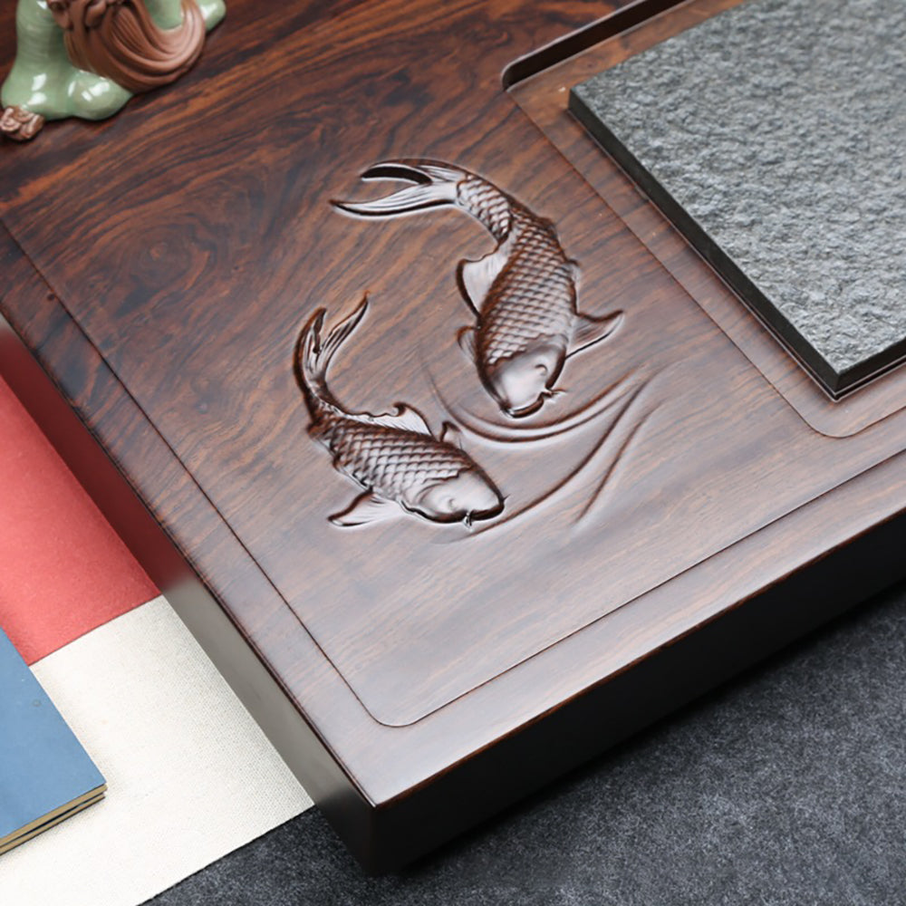 Premium Black Stone & Wood Tea Tray for Goldfish - Elegant Tea Serving Tray for Japanese Tea Ceremony, Home Decor & Zen Meditation Accessories