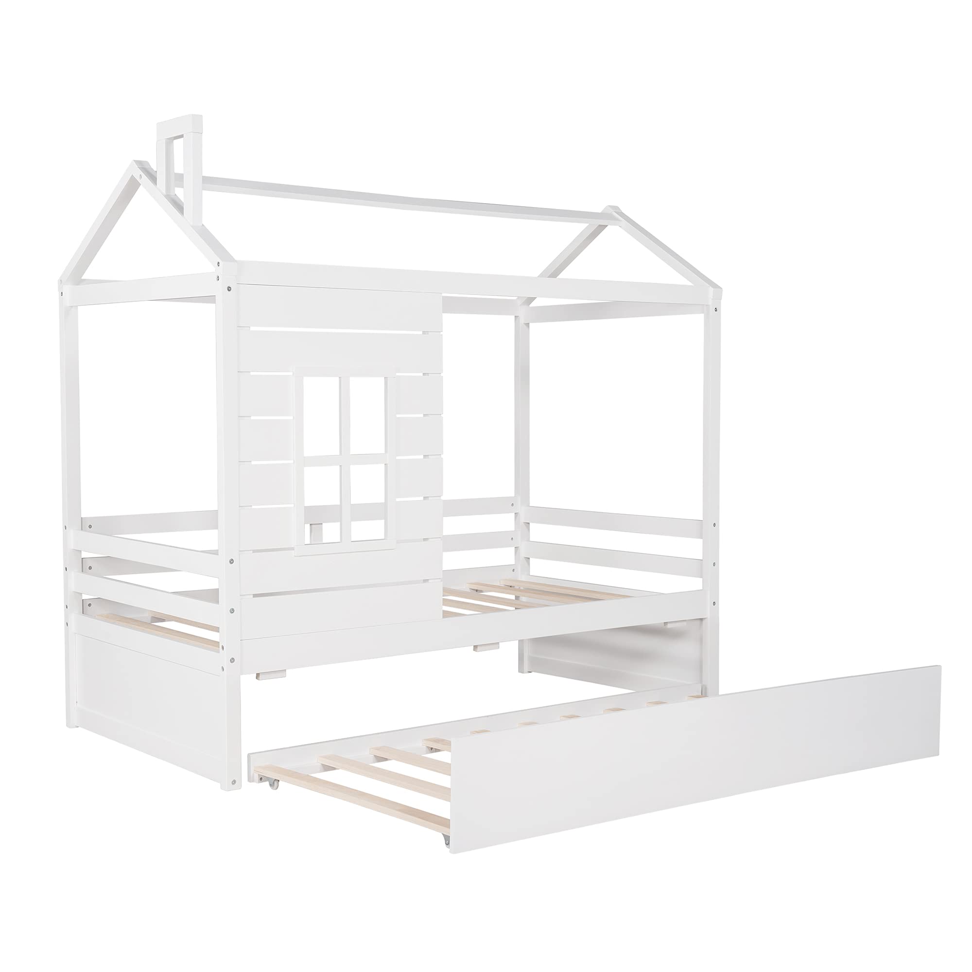 Harper & Bright Designs Twin House Bed for Kids - White Twin Daybed with Trundle, Playhouse Bed Frame with Roof & Windows - Perfect for Bedrooms, Playrooms & Kids' Decor (Twin Size)