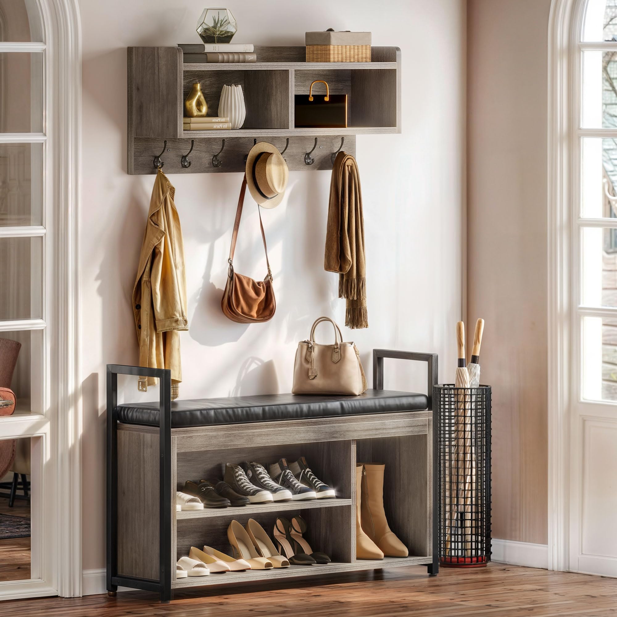 YITAHOME Industrial Hall Tree with Bench - Wall Mount Coat Rack & Shoe Storage Organizer for Entryway, Hallway - Grey | Space-Saving Entryway Solution for Small Homes & Apartments