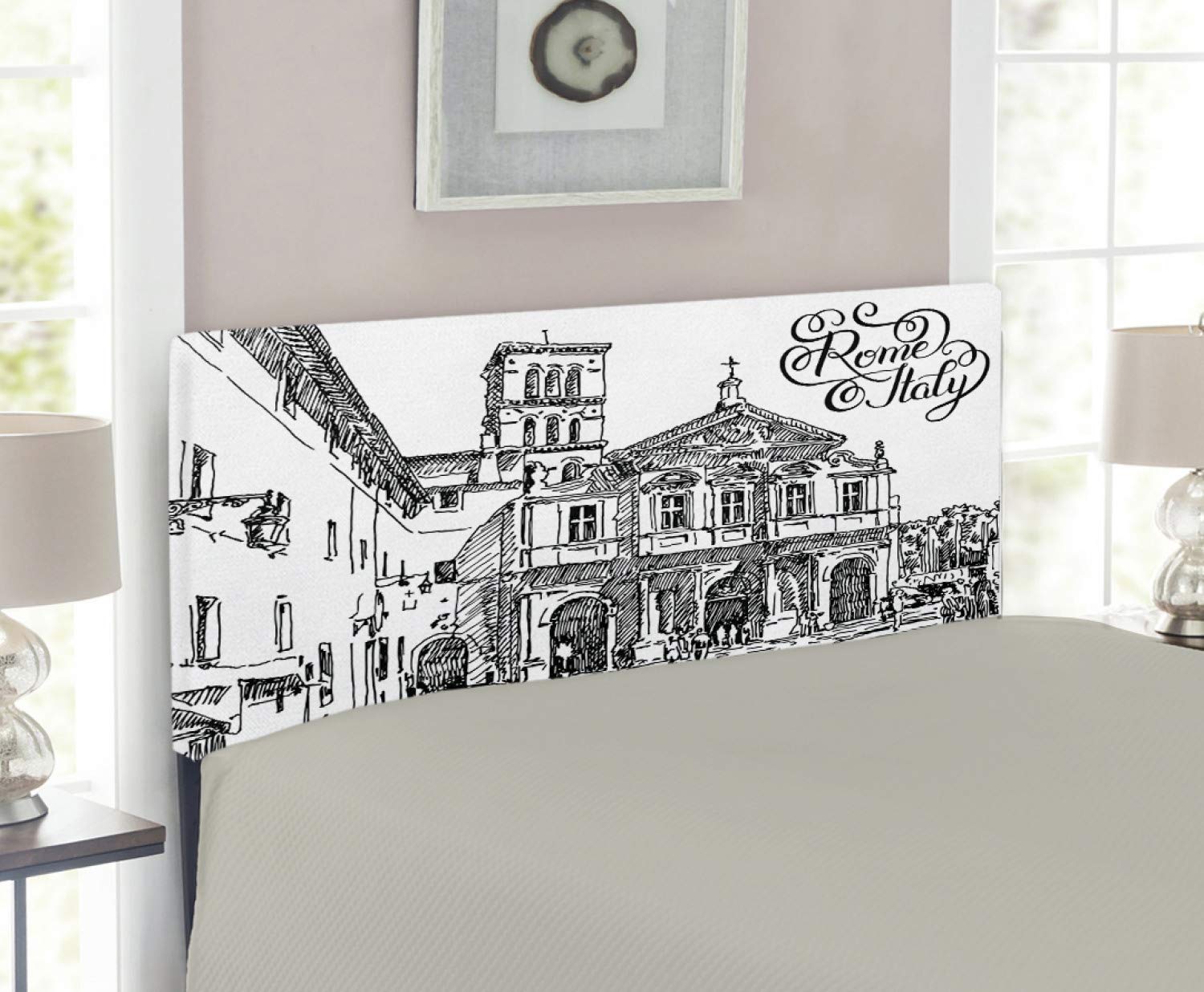 Ambesonne Italy Headboard - Vintage Rome Cityscape Hand-Drawn Sketch Print, Upholstered Decorative Metal Bed Frame with Memory Foam, Twin Size Black & White | Perfect for Bedroom Decor, Guest Rooms & Apartment Styling