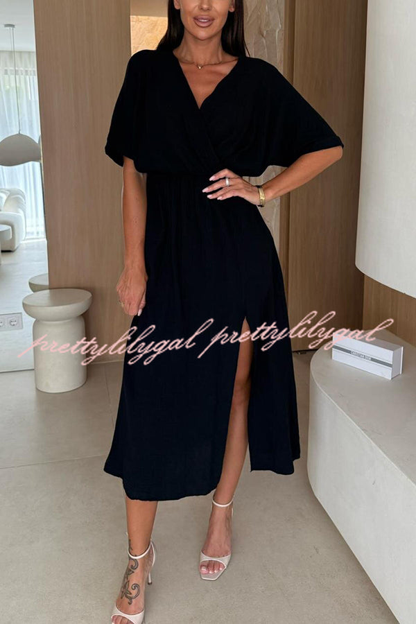 Breathable Linen Blend V-Neck Short Sleeve Midi Dress with Waist Slit - Casual Summer Beach Dress for Women | Perfect for Vacations, Date Nights & Outdoor Events