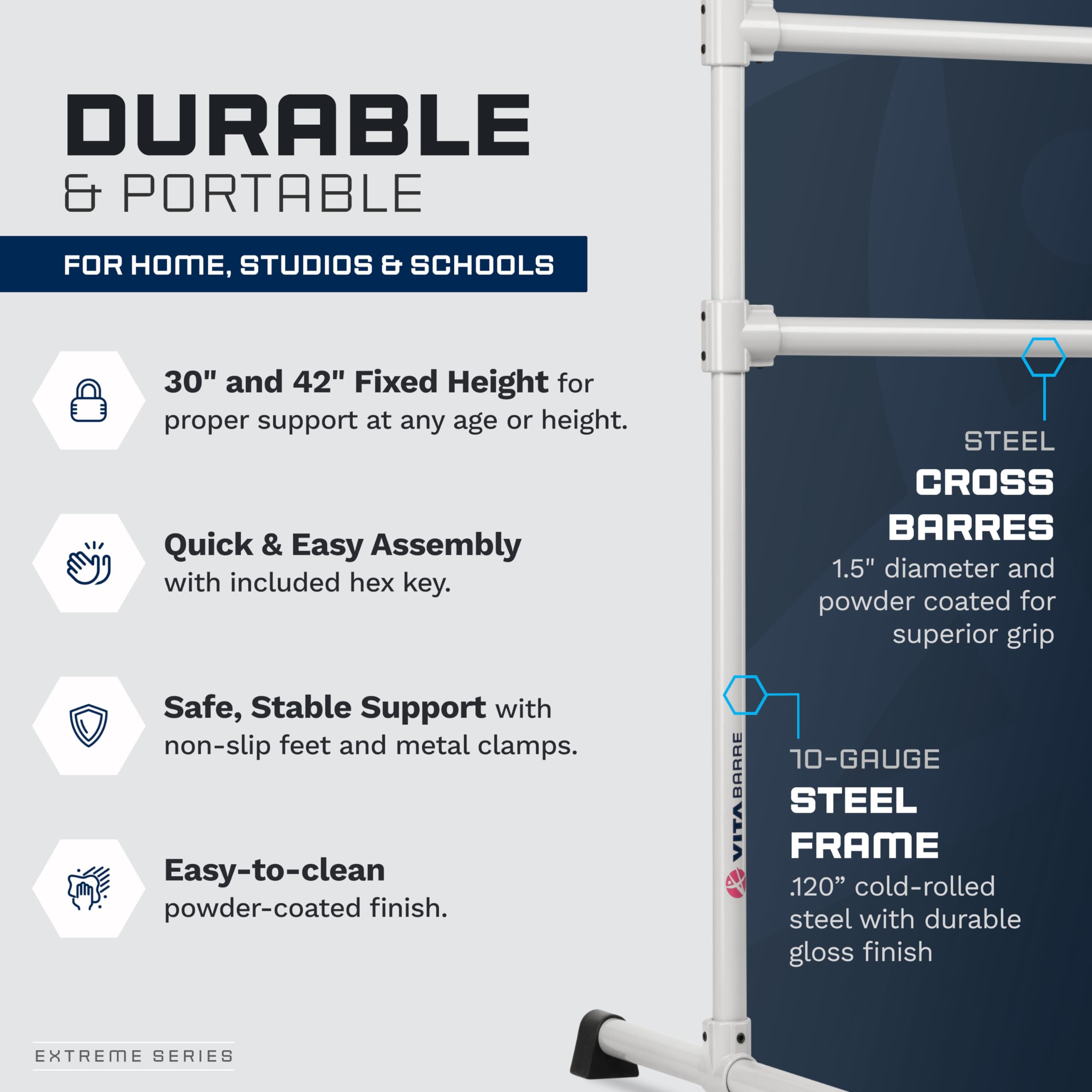 VITA Barre Portable Freestanding Double Ballet Barre - Heavy Duty Steel Construction | Adjustable Height Home & Gym Exercise Equipment for Kids & Adults | Perfect for Dance Training, Fitness Workouts & Pilates Practice | Ideal for Home Studios, Dance Classes & Personal Fitness Routines