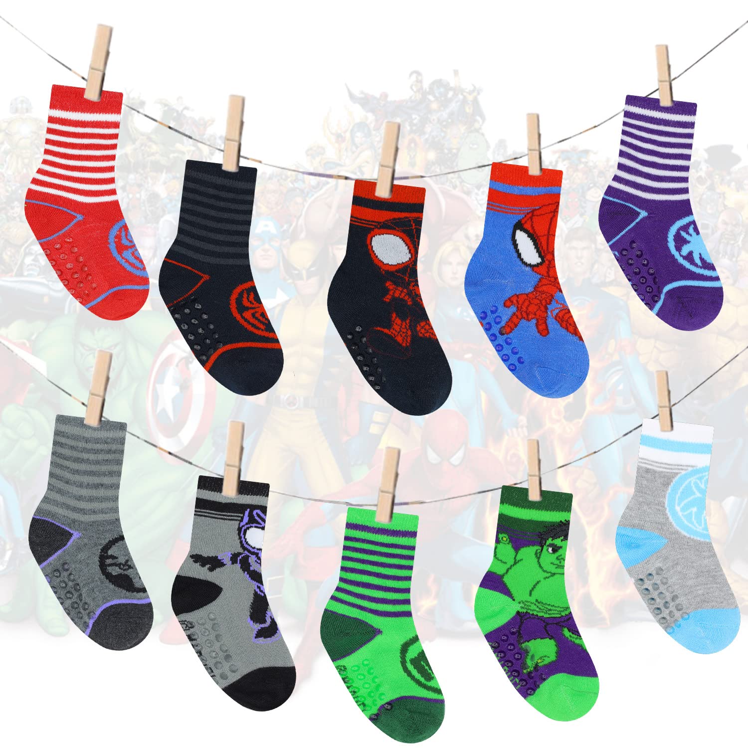 Spider-Man Grip Socks for Toddler Boys - 10 Pack Non-Slip Socks with Superhero Design - Perfect for Playtime, Daycare & Indoor Activities