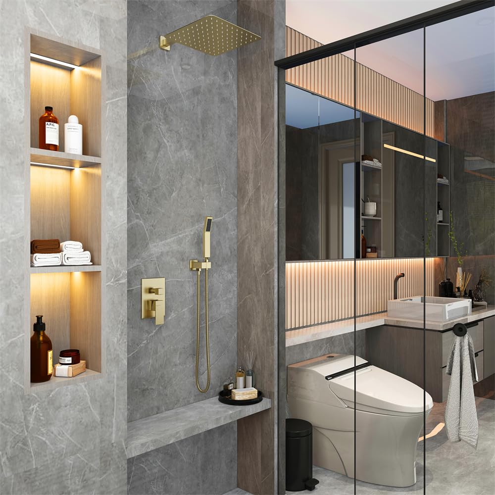 12 Inch Luxury Rainfall Shower System Set - High Pressure Wall Mounted Shower Head with 2-Function Faucet in Brushed Gold Finish | Perfect for Spa-Like Bathroom Experience & Modern Home Upgrade