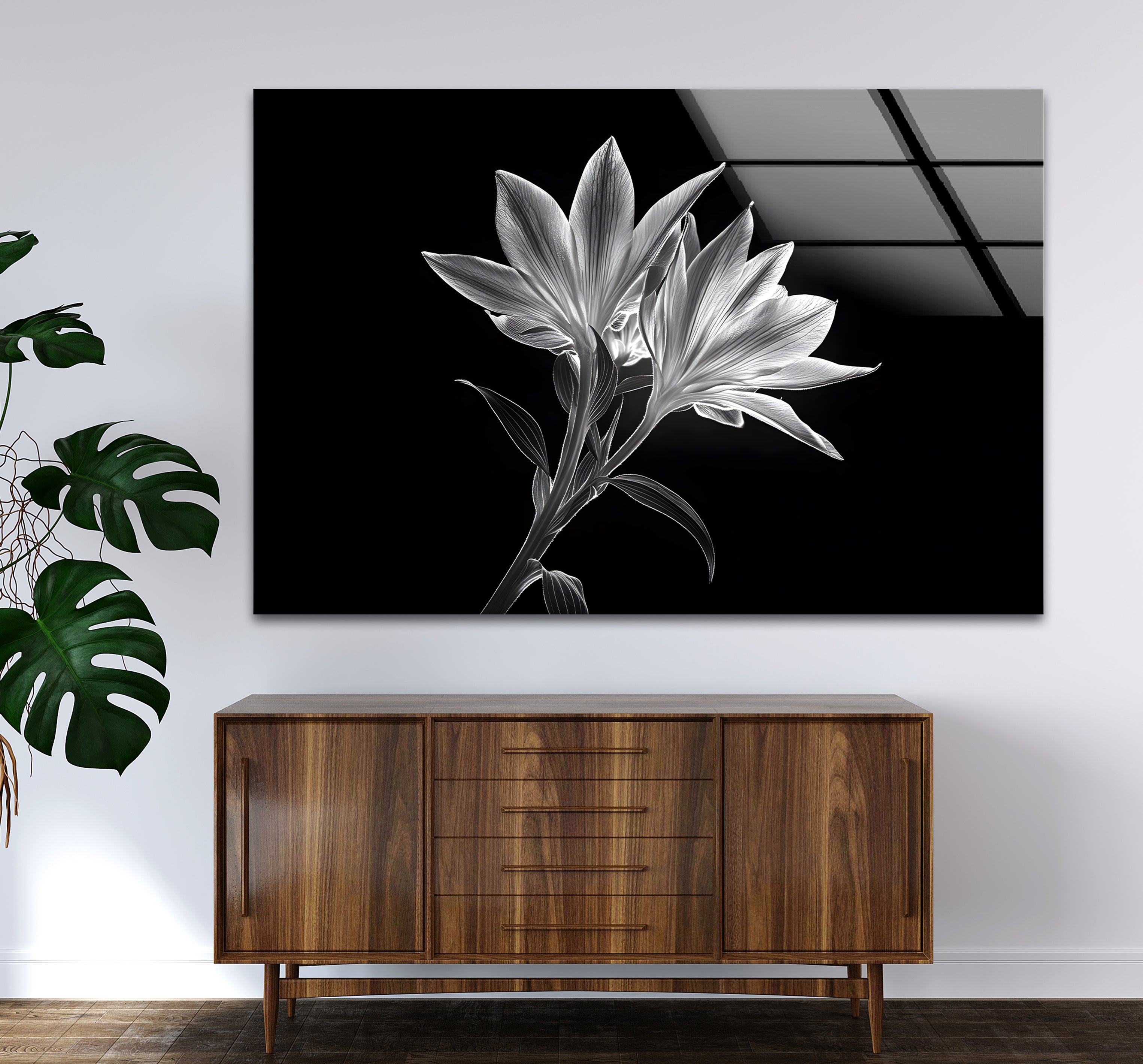 Black and White Xray Lilies Glass Wall Art - Elegant Floral Decor for Living Room, Bedroom, or Office - Perfect for Home and Office Decor