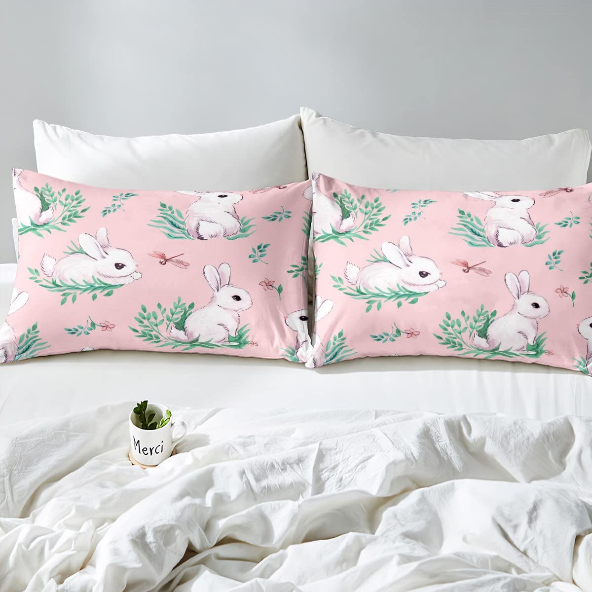 Cute Rabbit Comforter Cover Set - Cartoon Bunny & Dragonfly Duvet Cover for Kids, Boys & Girls - Pink Branches Rabbit Decor Bedding Set - Twin Size 2Pcs - Perfect for Nursery, Kids Room & Gift Giving