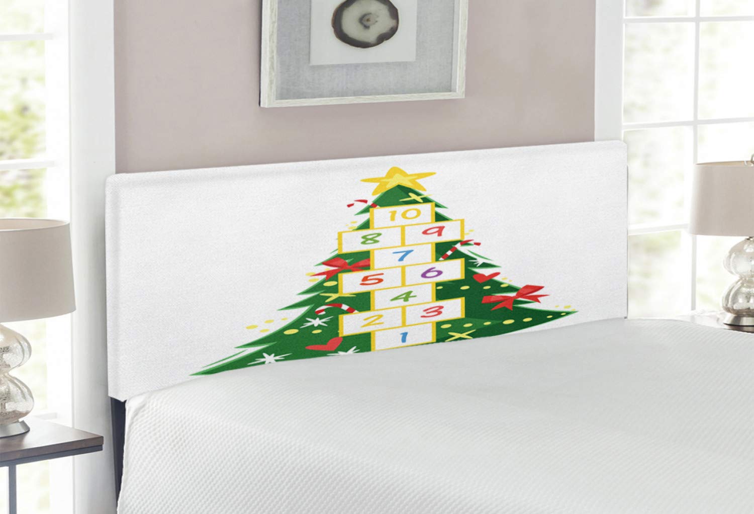 Colorful Christmas Pine Tree Headboard with Ribbons & Dots - Upholstered Metal Bed Headboard with Memory Foam, Full Size Multicolor - Perfect for Holiday Bedroom Decor & Festive Home Staging
