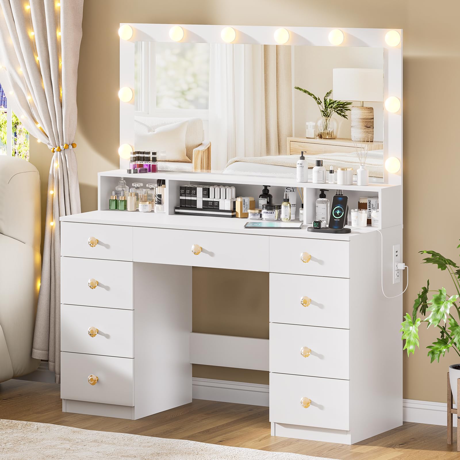 Vanity Desk with Large Mirror & LED Lights - 9-Drawer Makeup Dressing Table with Super Storage, Power Outlet & Crystal Handles - 3 Lighting Modes for Women & Girls (White) | Perfect for Bedroom, Dorm Room & Beauty Salon Makeup Station