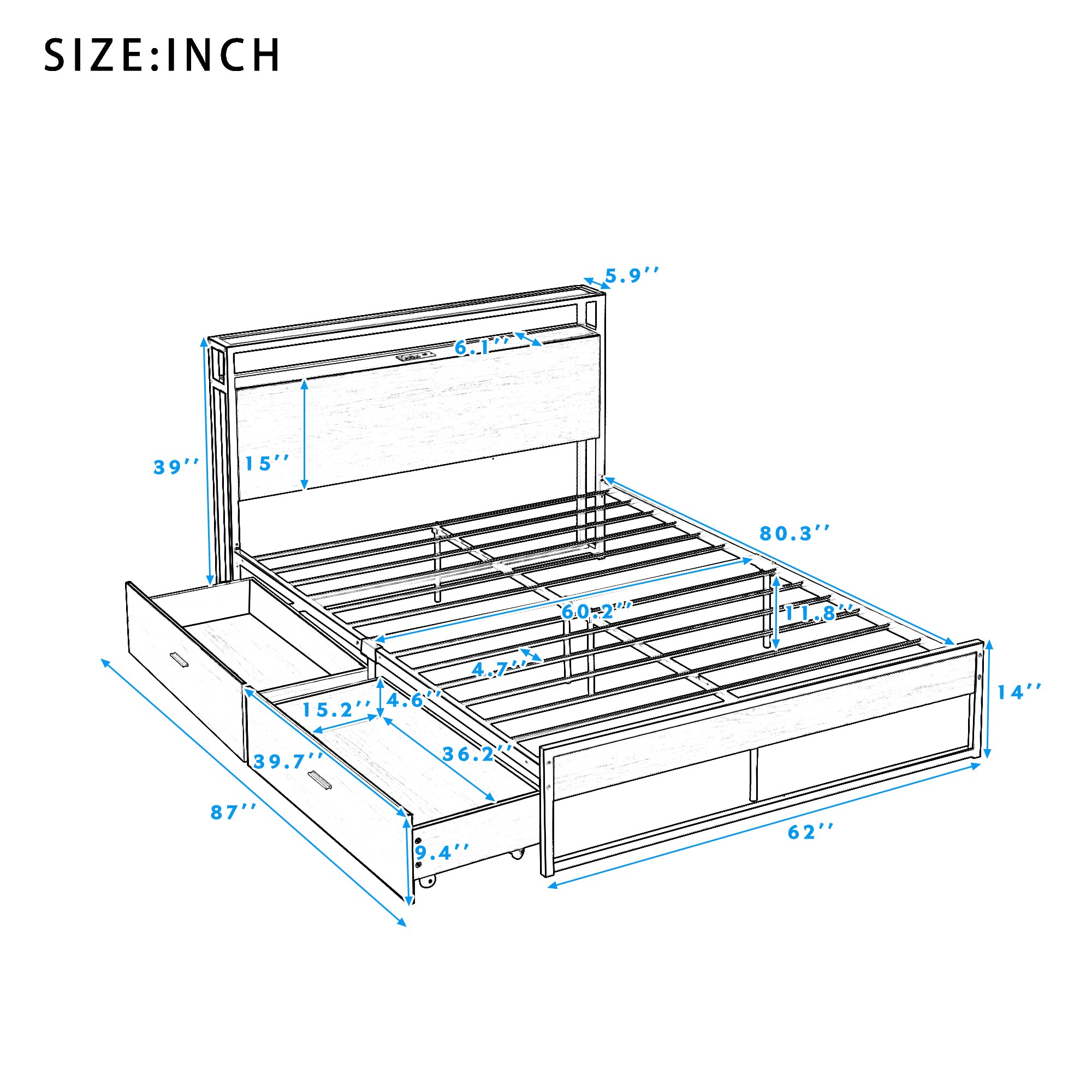 Harper & Bright Designs Queen Size Metal Platform Bed Frame with 2 Drawers, Built-in USB Ports & Power Outlets, Sturdy Steel Slat Support, No Box Spring Required - Perfect for Modern Bedrooms, Guest Rooms & Small Spaces (Brown)