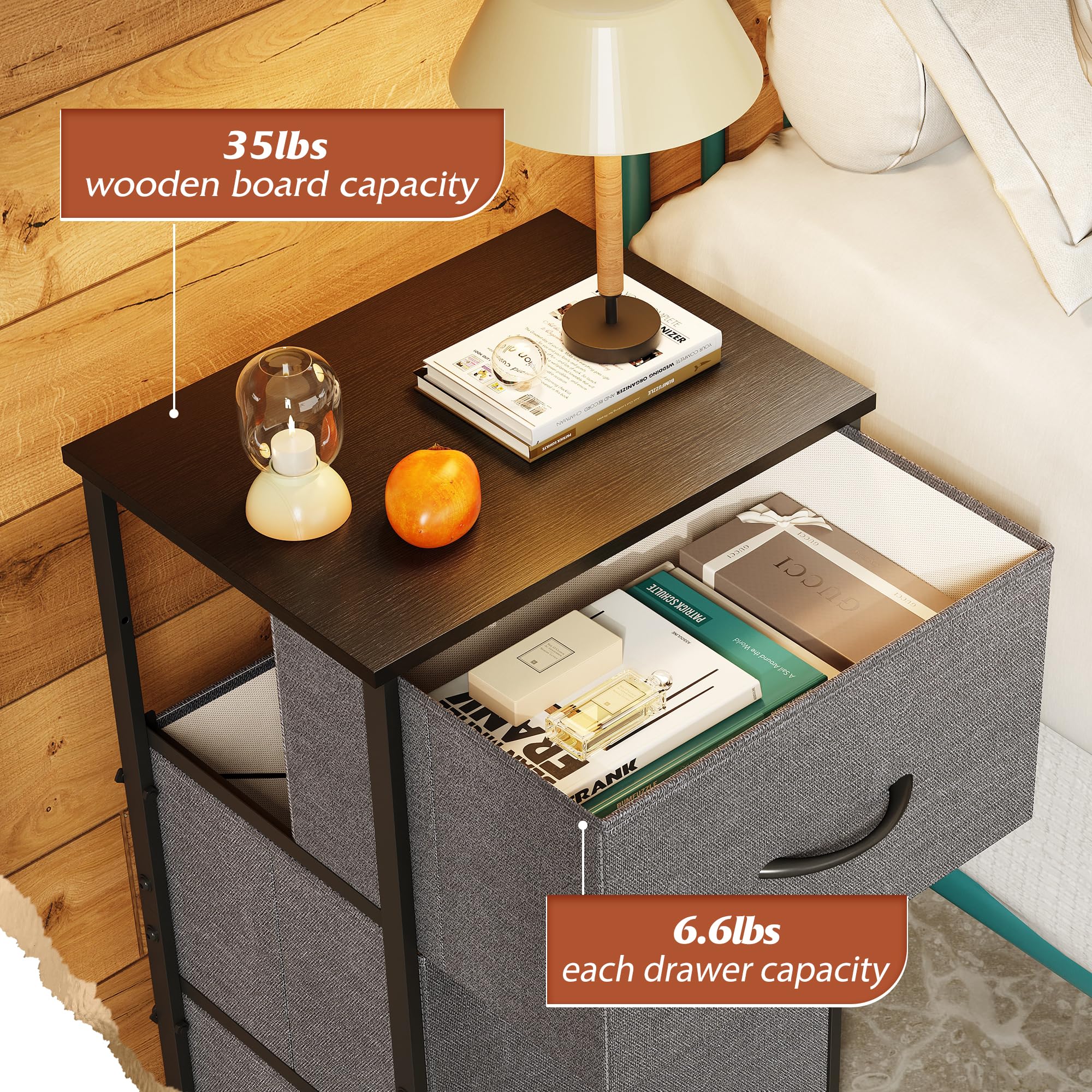 WLIVE 3-Drawer Fabric Dresser with Wood Top & Sturdy Steel Frame - Bedroom Nightstand, Hallway Storage Organizer, Entryway Closet Dresser - Easy Pull Handles, Dark Grey - Perfect for Small Spaces & Apartment Living