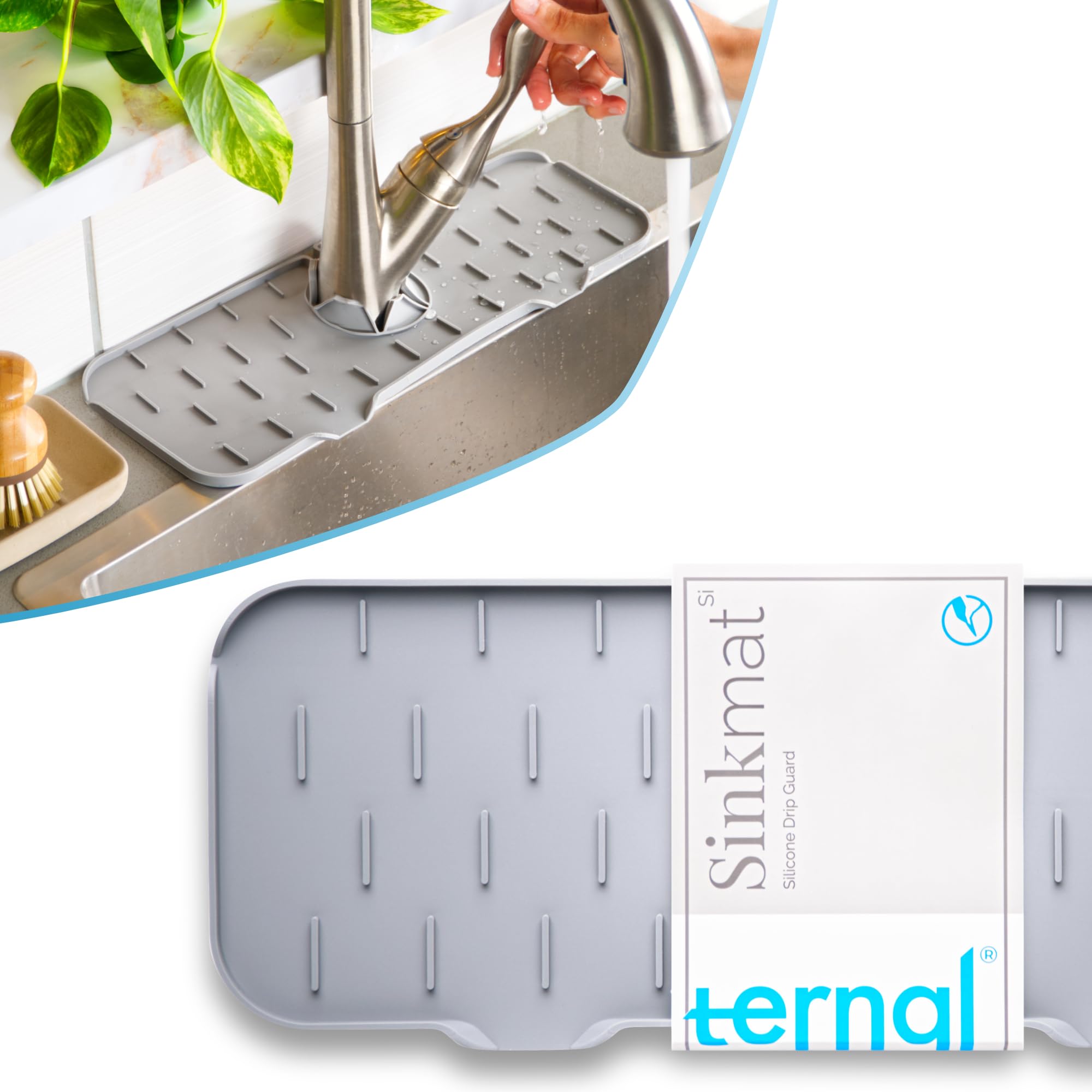 Ternal Silicone Faucet Handle Drip Catcher Tray Mat - Non-Slip Kitchen Sink Accessories, Dish Soap Sponge Holder & Drying Mat for Counter, Bathroom (Grey) | Perfect for Organizing Sink Area & Preventing Water Spills