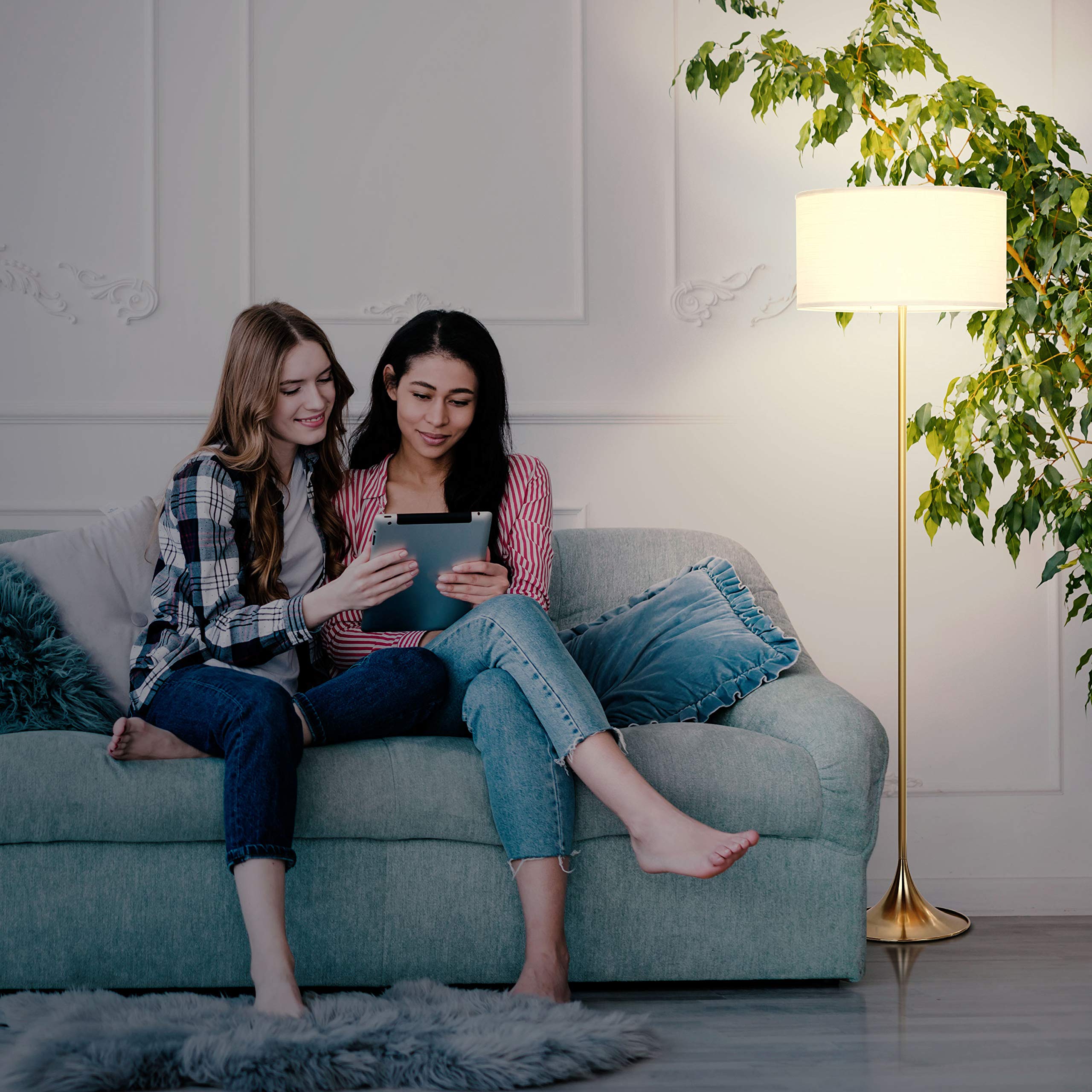 Brightech Quinn LED Floor Lamp - Modern Mid-Century Standing Lamp for Living Room, Bedroom & Office - Adjustable Tall Lamp with Heavy Base for Reading & Décor - Brass/Gold Finish - Perfect for Home Lighting & Workspace Illumination