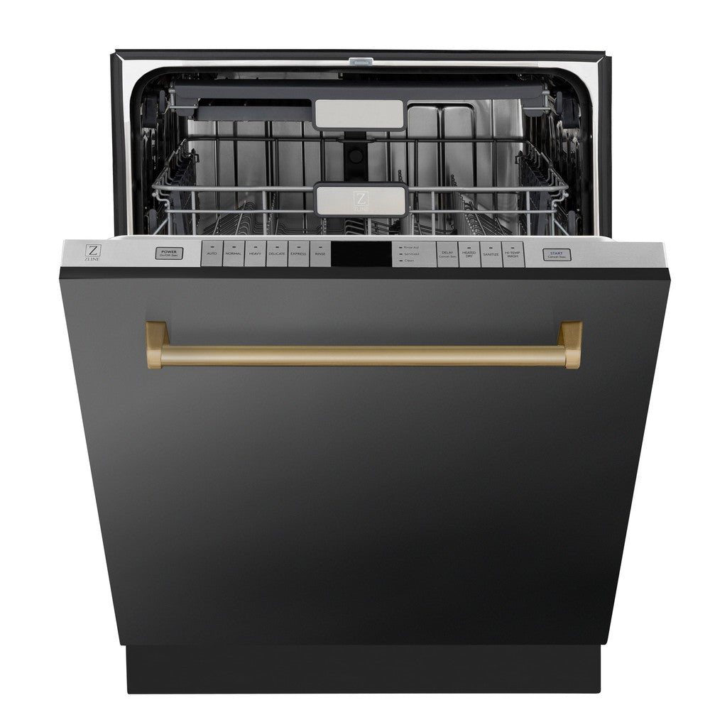 ZLINE Autograph Edition 24-inch Black Stainless Steel Dishwasher with Champagne Bronze Handle - 45dBa Ultra Quiet, 3rd Rack & Top Touch Control - Perfect for Modern Kitchens & Open Concept Homes (DWMTZ BS 24 CB)