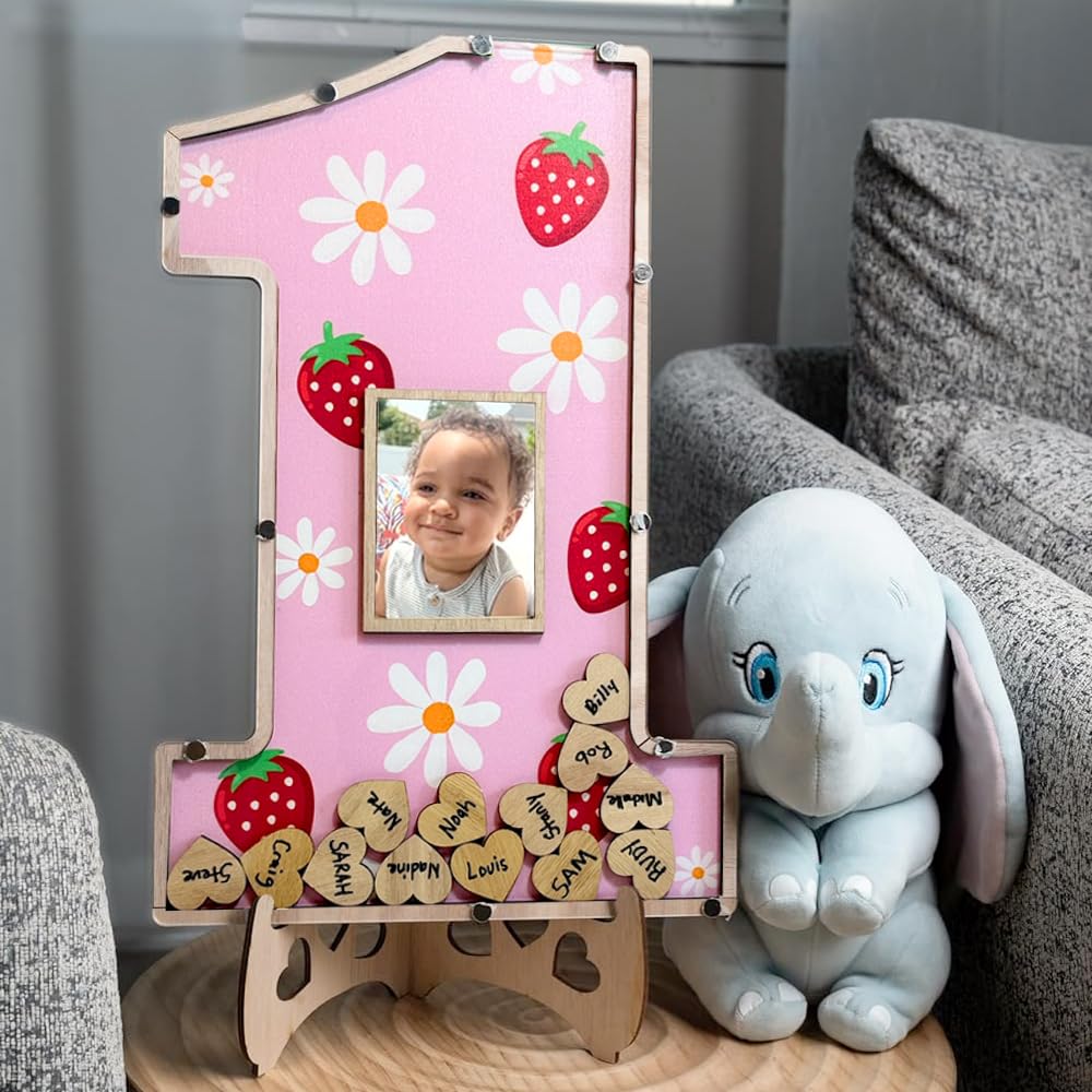 Berry First Birthday Decorations - 1st Birthday Photo Frame & Guest Book Alternative - Strawberry Themed Sweet One Centerpiece Keepsake for Baby's Milestone Celebration - Perfect for Nursery Decor, Birthday Parties & Photo Displays