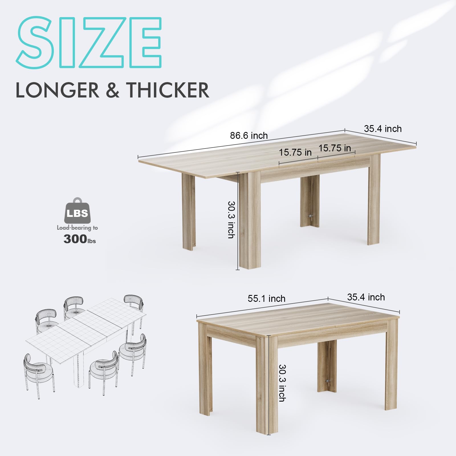 Extendable Oak Farmhouse Dining Table for 6-10 People, Large Rectangular Plank and Beam Kitchen Table for Living Room, Meeting Space, and Family Gatherings