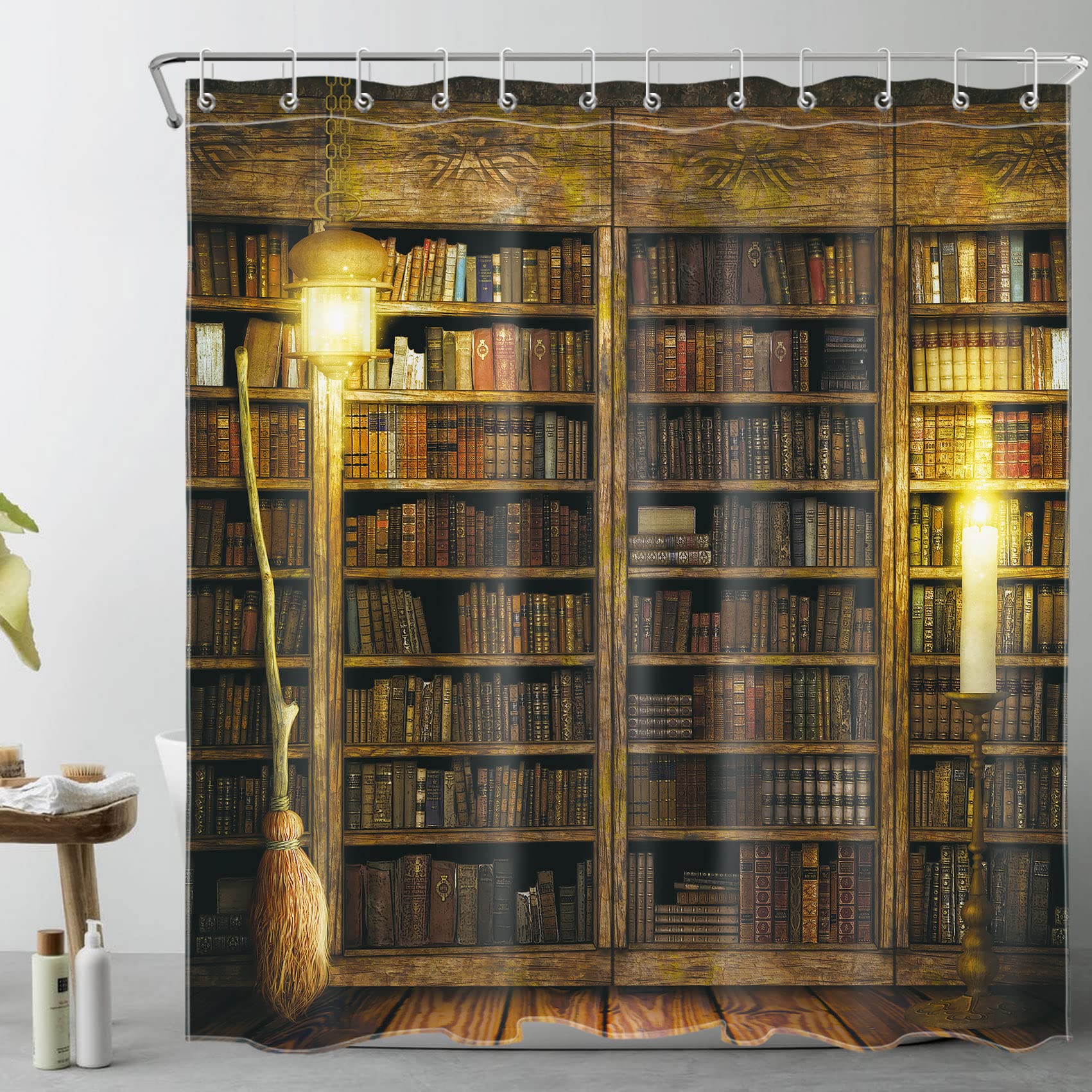 LB Witch's Wood Cabin Magic Book Shelf Flying Broom Shower Curtain Set - 72x78 Inch Extra Long Waterproof Bathroom Decor for Halloween, Gothic & Fantasy Themed Rooms - Perfect for Spooky Bathrooms, Witchy Bedrooms, and Halloween Party Decorations