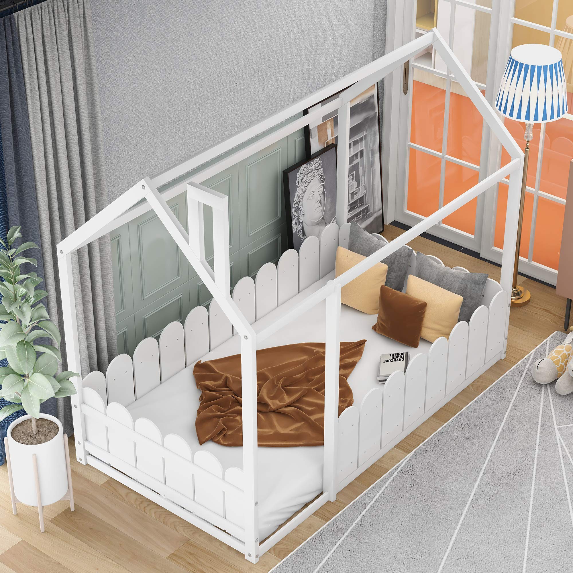 Twin Size Wooden House Bed Frame with Roof and Fence - Playful Cabin Style Floor Bed for Kids, Nursery Furniture & Children's Play Tent (White) - Perfect for Bedrooms, Playrooms & Montessori Learning Spaces