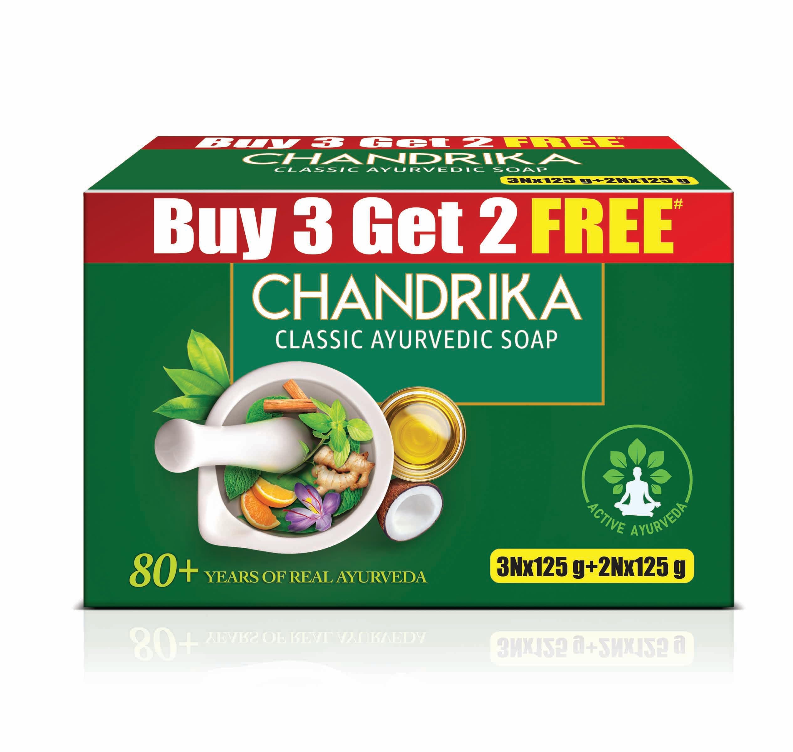 Chandrika Ayurvedic Soap Classic - 100% Natural Handmade Soap for Glowing Skin | Gentle Cleansing for All Skin Types | 125g (Pack of 3) + 2 Free 125g Bars | Perfect for Daily Skincare & Ayurvedic Beauty Routine