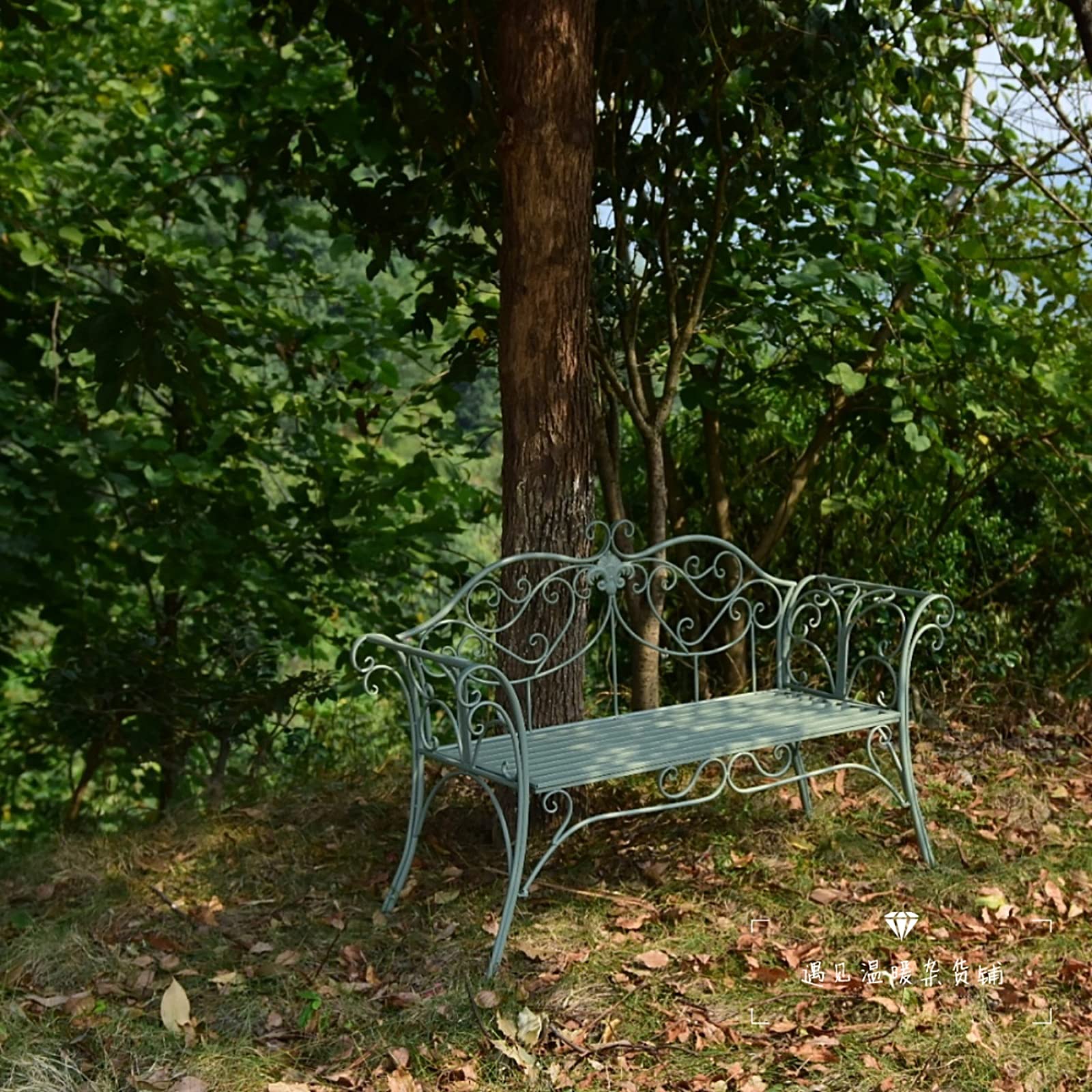 Outdoor Metal Garden Bench with Decorative Cast Iron Backrest - Double Seat Patio Furniture for Garden, Yard, Balcony, Park, Porch & Sunroom - Durable Green Outdoor Seating for Relaxing in Nature