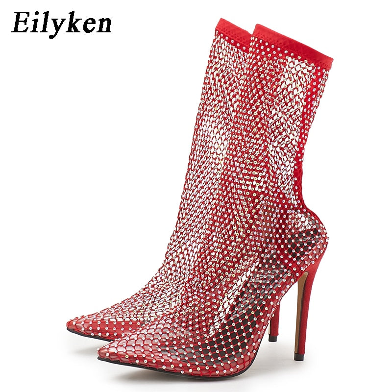 Crystal Rhinestone Mesh Stretch Fabric Sock Boots - Fashionable PVC Transparent Pointed Toe High Heels for Women | Perfect for Parties, Nightclubs & Special Occasions
