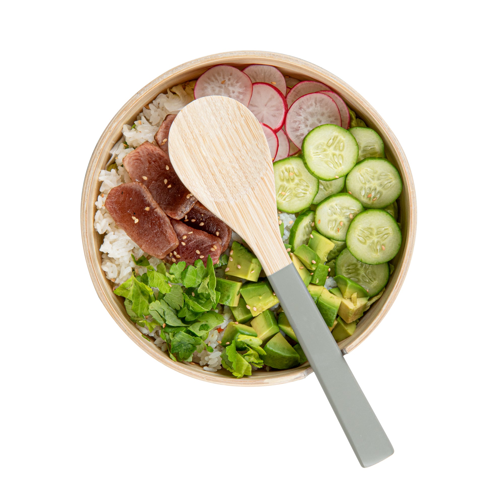 Bambuddha 25 oz Round Gray Spun Bamboo Serving Bowl with Serving Spoon - 7.75