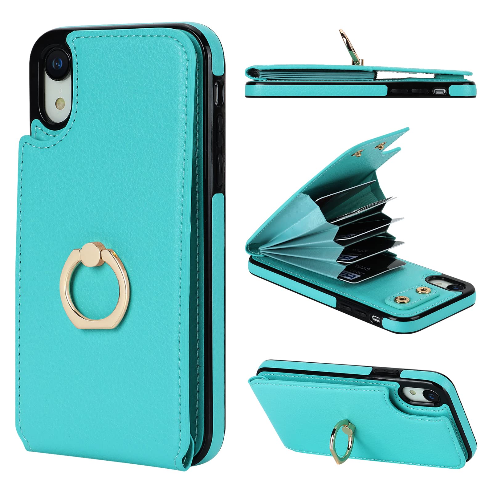 Folosu iPhone XR Wallet Case with Card Holder & 360° Rotating Finger Ring Stand - RFID Blocking PU Leather Flip Cover with Kickstand & Double Button Closure (6.1 Inch, Mint Green) - Perfect for Work, Travel & Everyday Protection