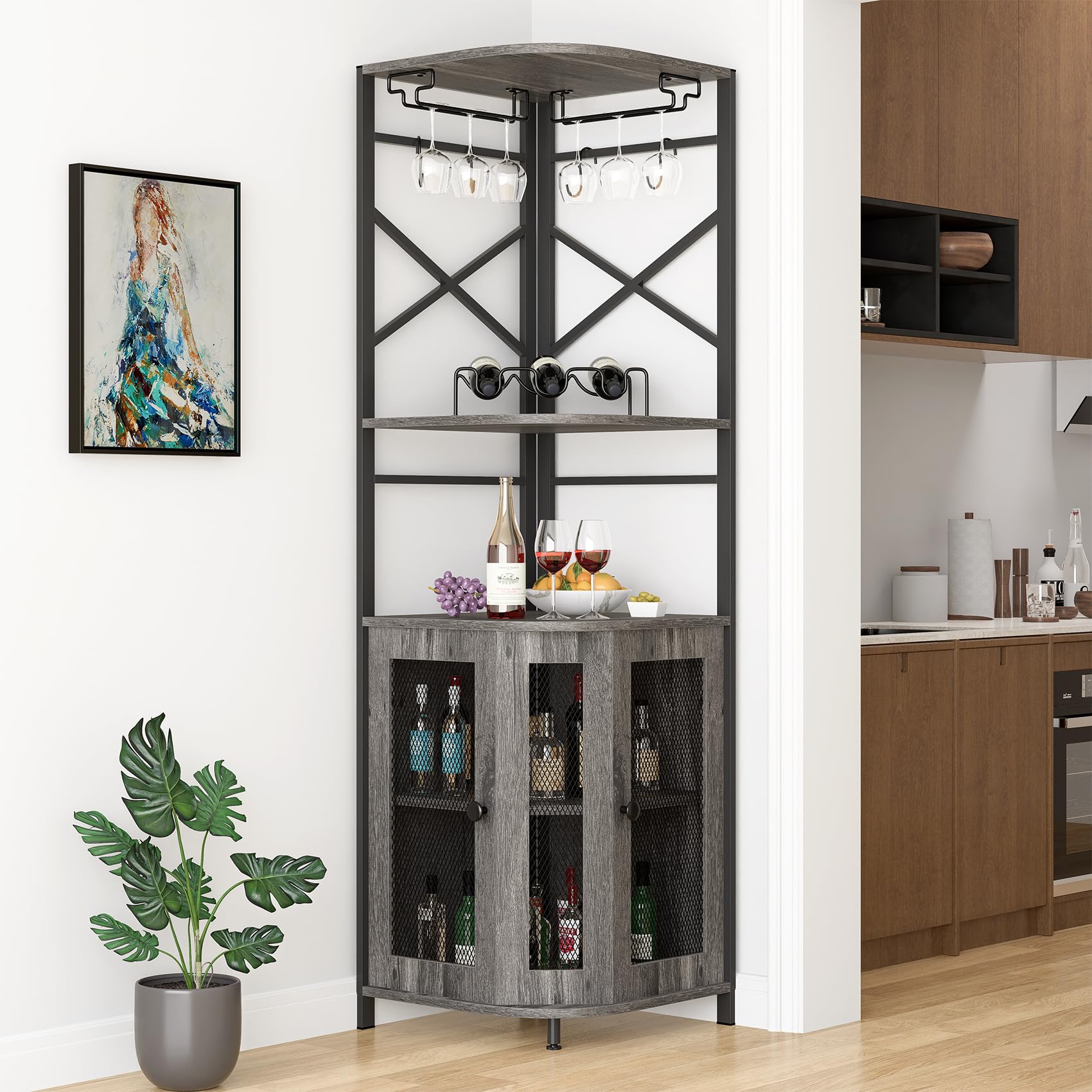Modern Grey Corner Bar Cabinet with Wine Rack, Glass Holder & Adjustable Shelves - Mesh Door Liquor Storage Cabinet for Home Bar, Dining Room or Entertainment Area