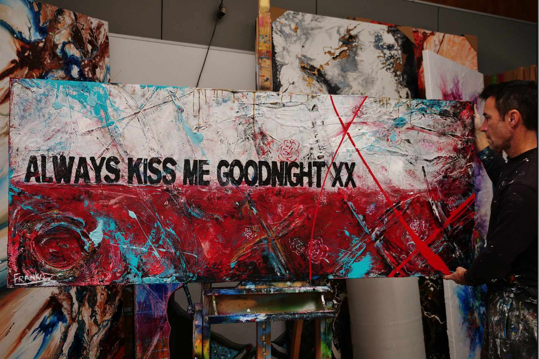 Goodnight Kisses Textured Urban Pop Art Painting - 200cm x 80cm Canvas Wall Decor for Bedroom, Living Room & Office | Romantic 'Always Kiss Me Goodnight' Artwork