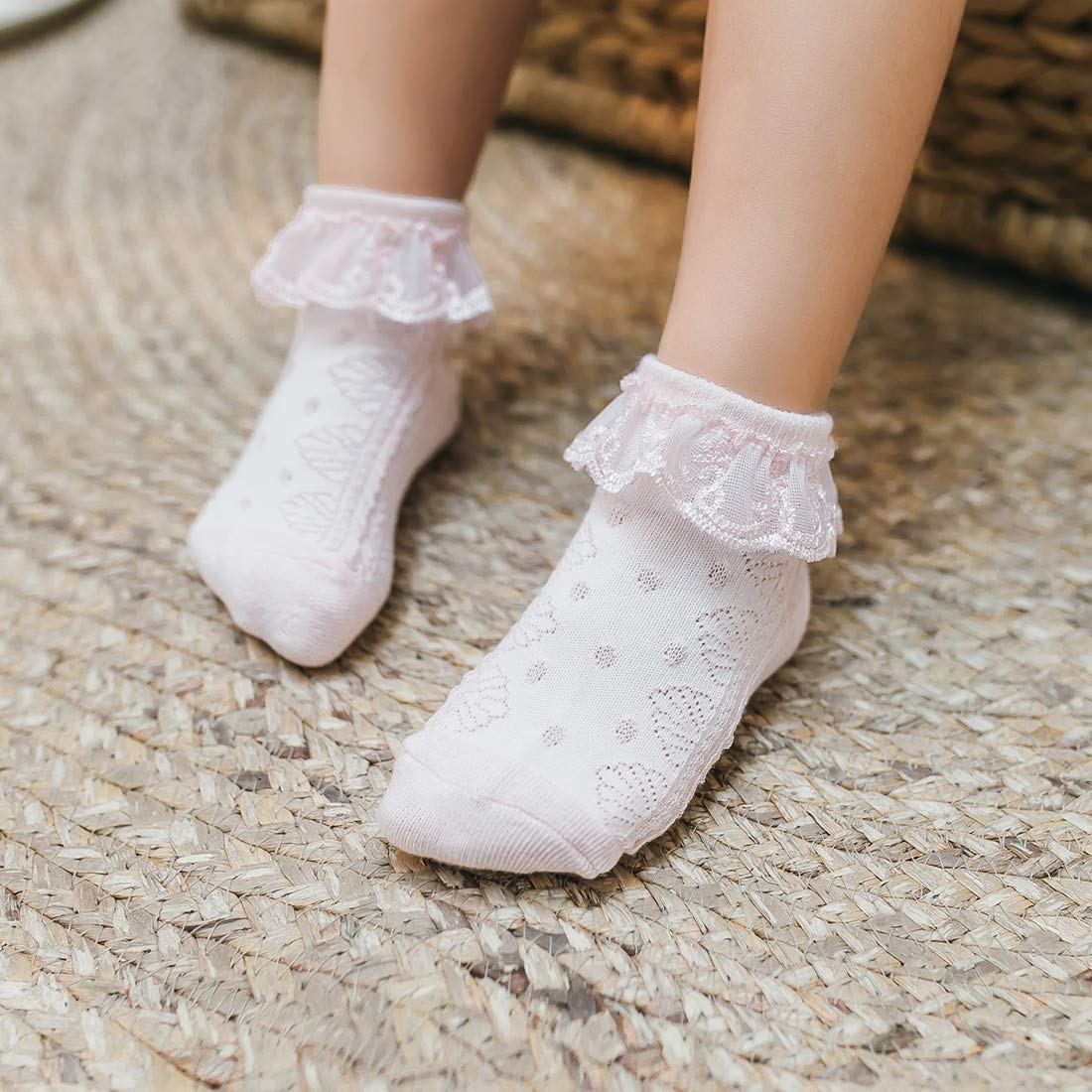 Durio Baby Girls Ruffle Socks - Soft Cotton Toddler Socks with Cute Frilly Lace Trim | Non-Slip & Breathable | Perfect for Dress-Up, Parties & Everyday Wear