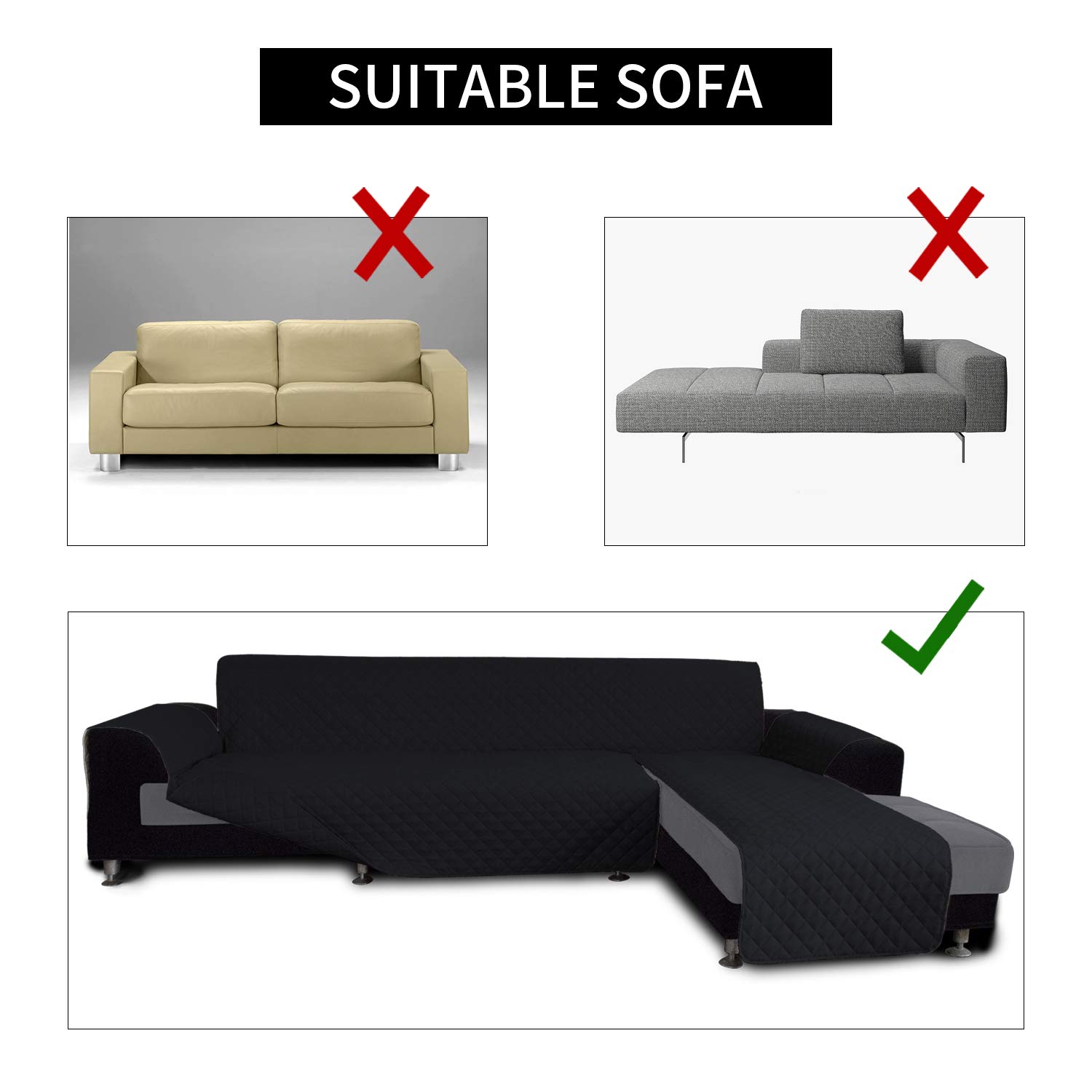 Reversible L-Shaped Sofa Slipcover for Sectional Couch & Chaise Lounge - Pet & Kid Friendly Furniture Protector (Black, Small) - Perfect for Living Room, Family Room & Pet-Friendly Homes